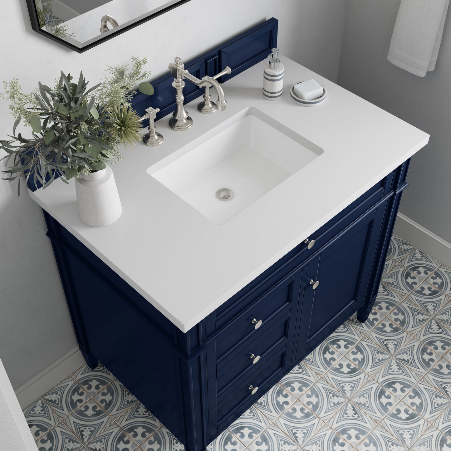 
                  
                    Brittany 36" Single Vanity in Victory Blue Single Bathroom Vanity James Martin Vanities White Zeus Silestone 
                  
                