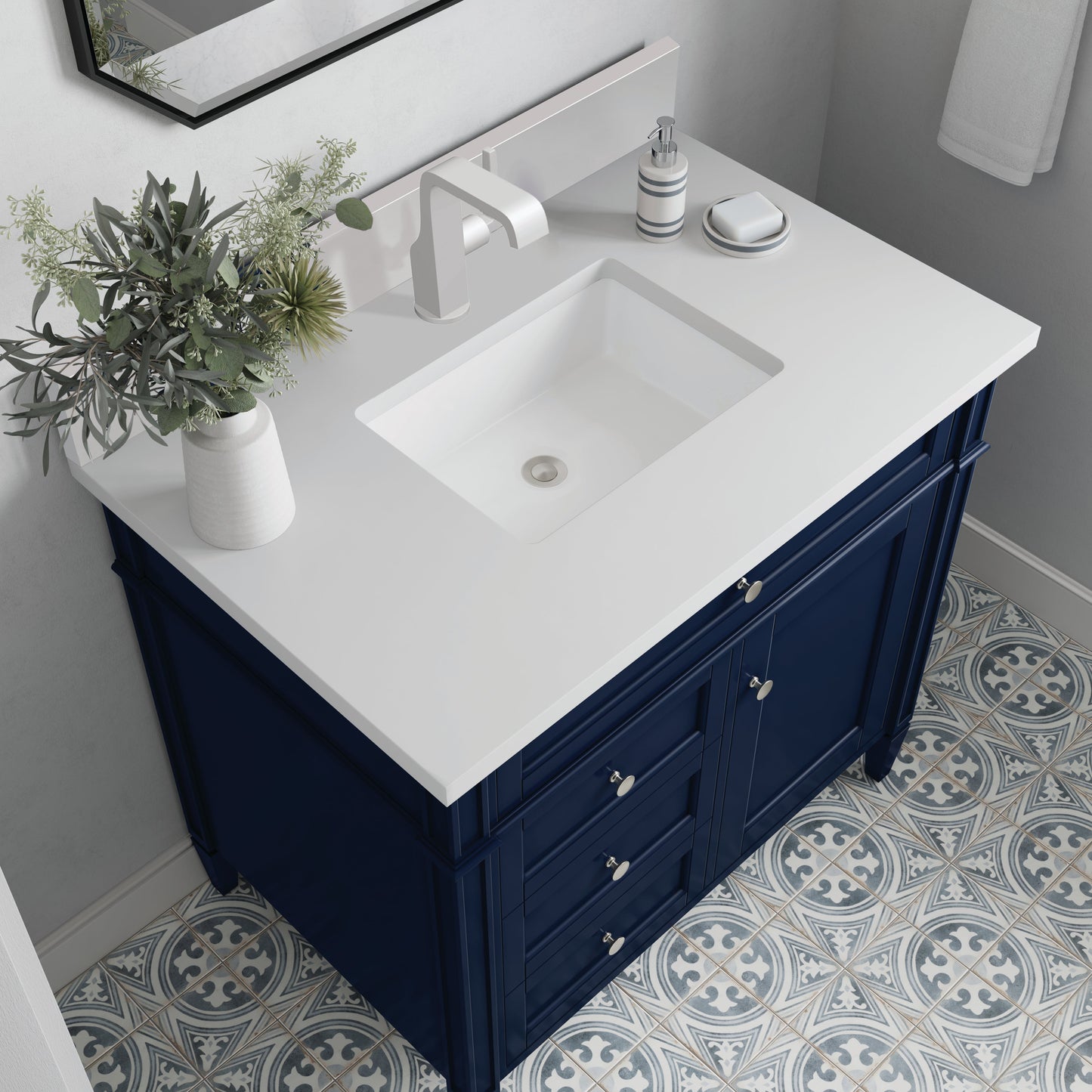 
                  
                    Brittany 36" Single Vanity in Victory Blue Single Bathroom Vanity James Martin Vanities White Zeus Single Faucet Silestone Top w/Backsplash 
                  
                