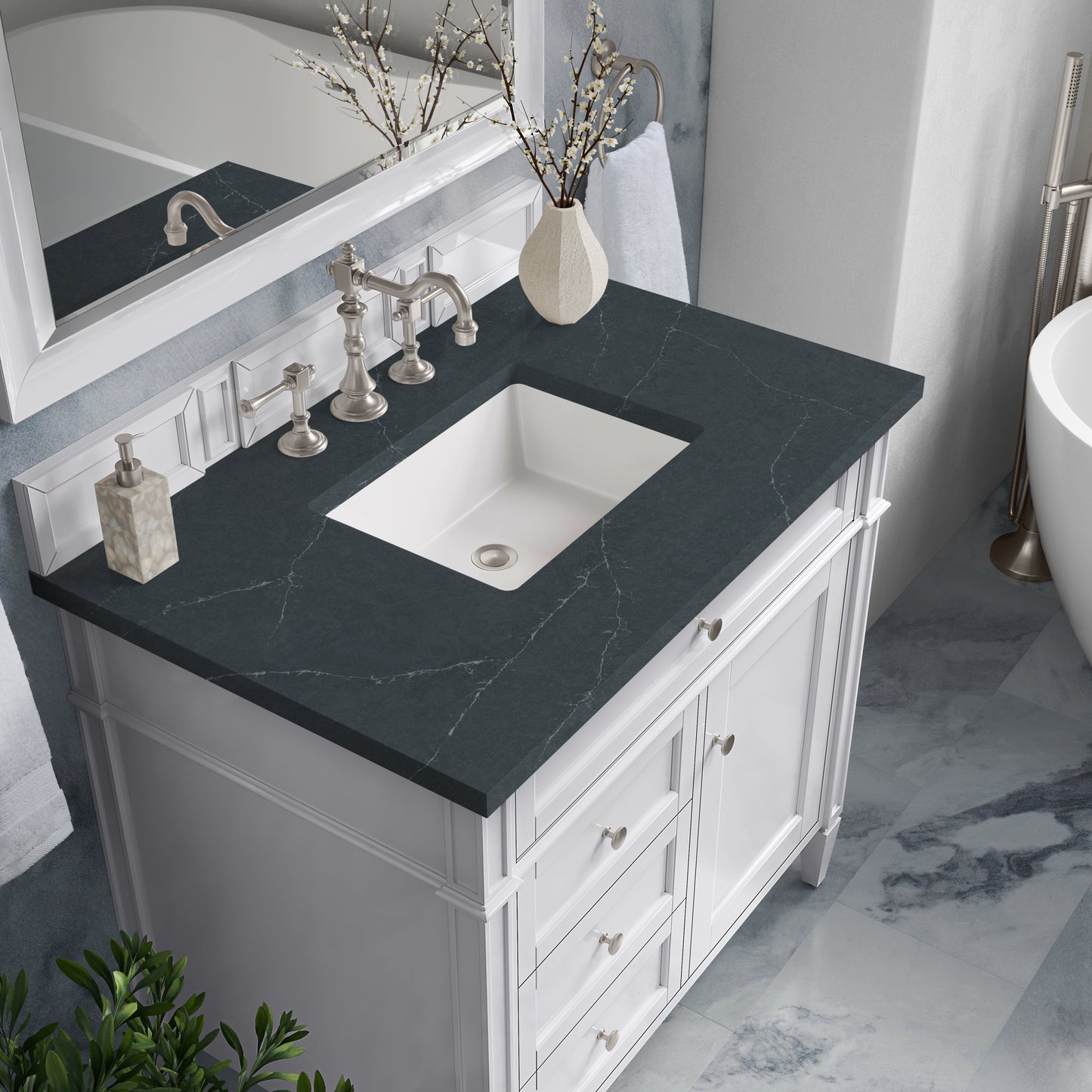 
                  
                    Brittany 36"Single Vanity in Bright White Single Bathroom Vanity James Martin Vanities Charcoal Soapstone Silestone 
                  
                