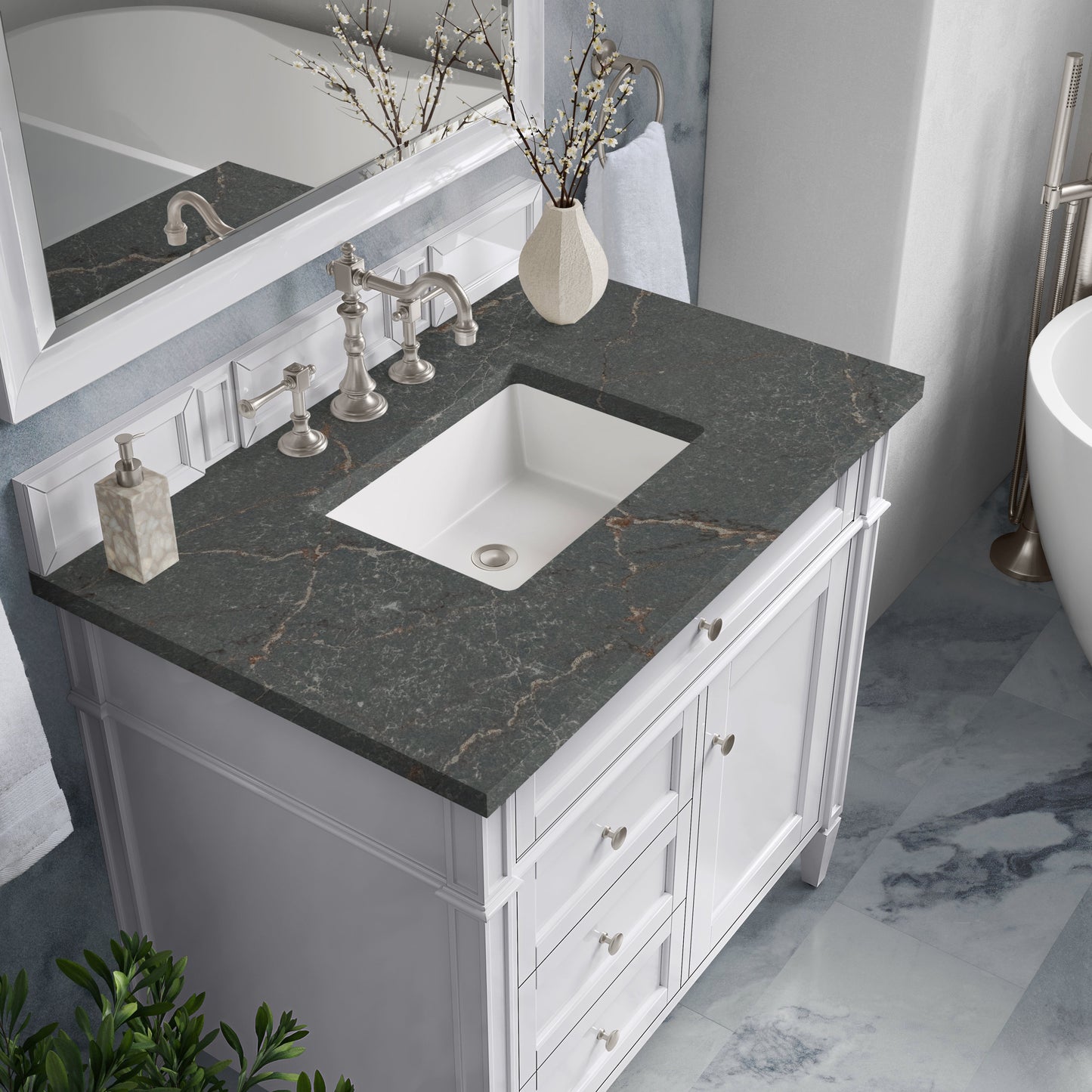 
                  
                    Brittany 36"Single Vanity in Bright White Single Bathroom Vanity James Martin Vanities Parisien Bleu Silestone 
                  
                
