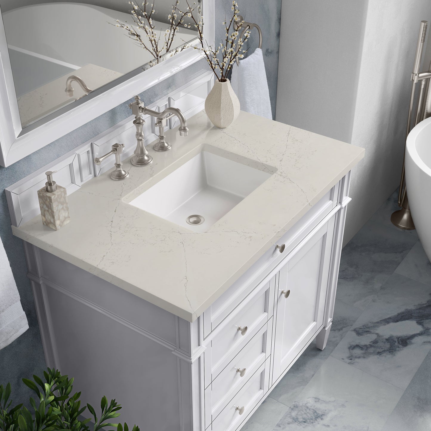 
                  
                    Brittany 36"Single Vanity in Bright White Single Bathroom Vanity James Martin Vanities Siberian Silestone 
                  
                