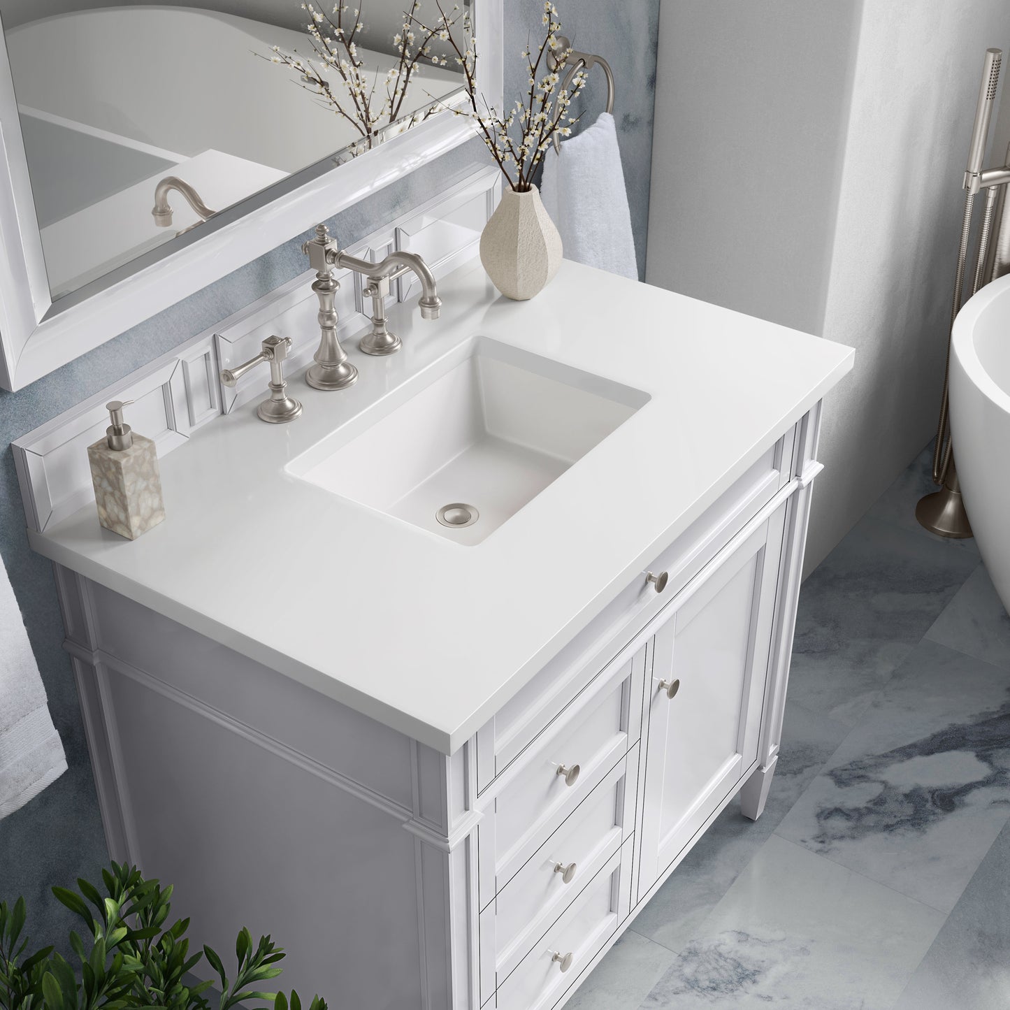 
                  
                    Brittany 36"Single Vanity in Bright White Single Bathroom Vanity James Martin Vanities White Zeus Silestone 
                  
                