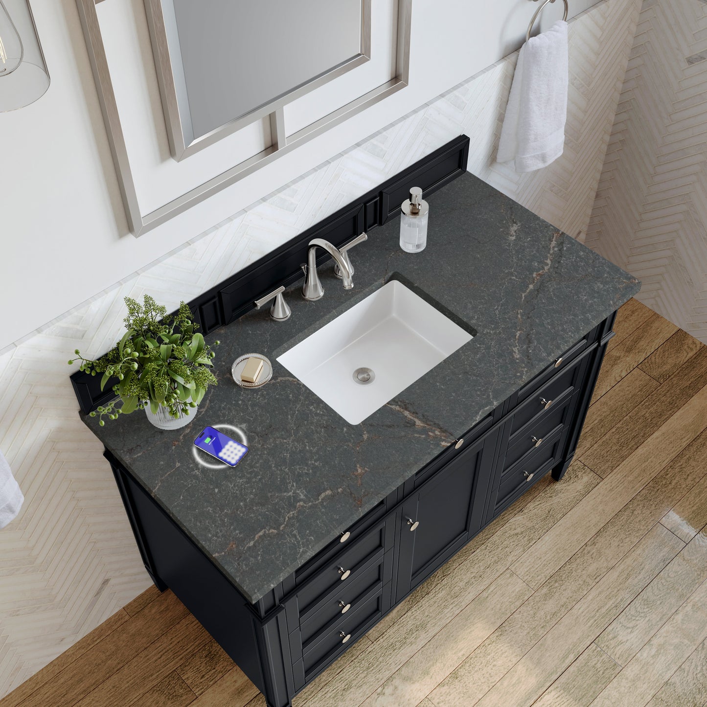 
                  
                    Brittany 48" Single Vanity in Black Onyx Single Bathroom Vanity James Martin Vanities Parisien Bleu Silestone with FreePower 
                  
                