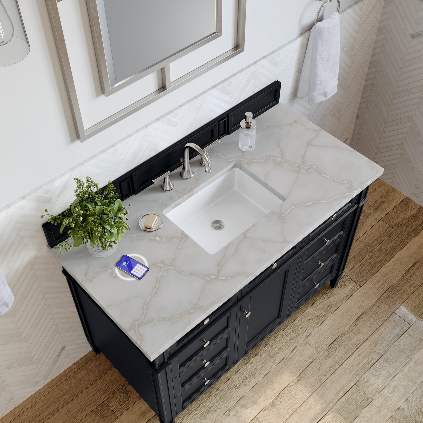 
                  
                    Brittany 48" Single Vanity in Black Onyx Single Bathroom Vanity James Martin Vanities Victorian Silver Silestone with FreePower 
                  
                