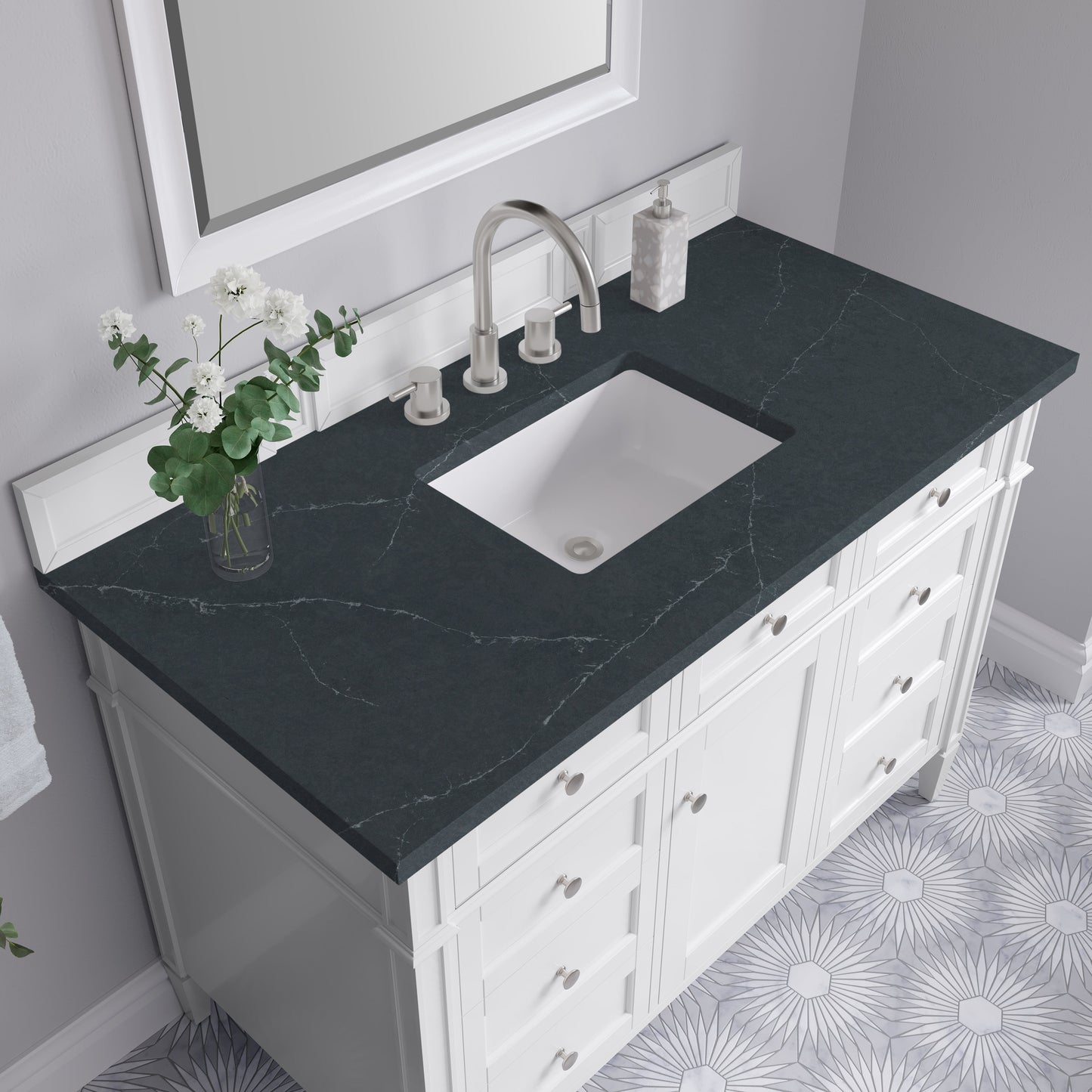 
                  
                    Brittany 48" Single Vanity in Bright White Single Bathroom Vanity James Martin Vanities Charcoal Soapstone Silestone 
                  
                