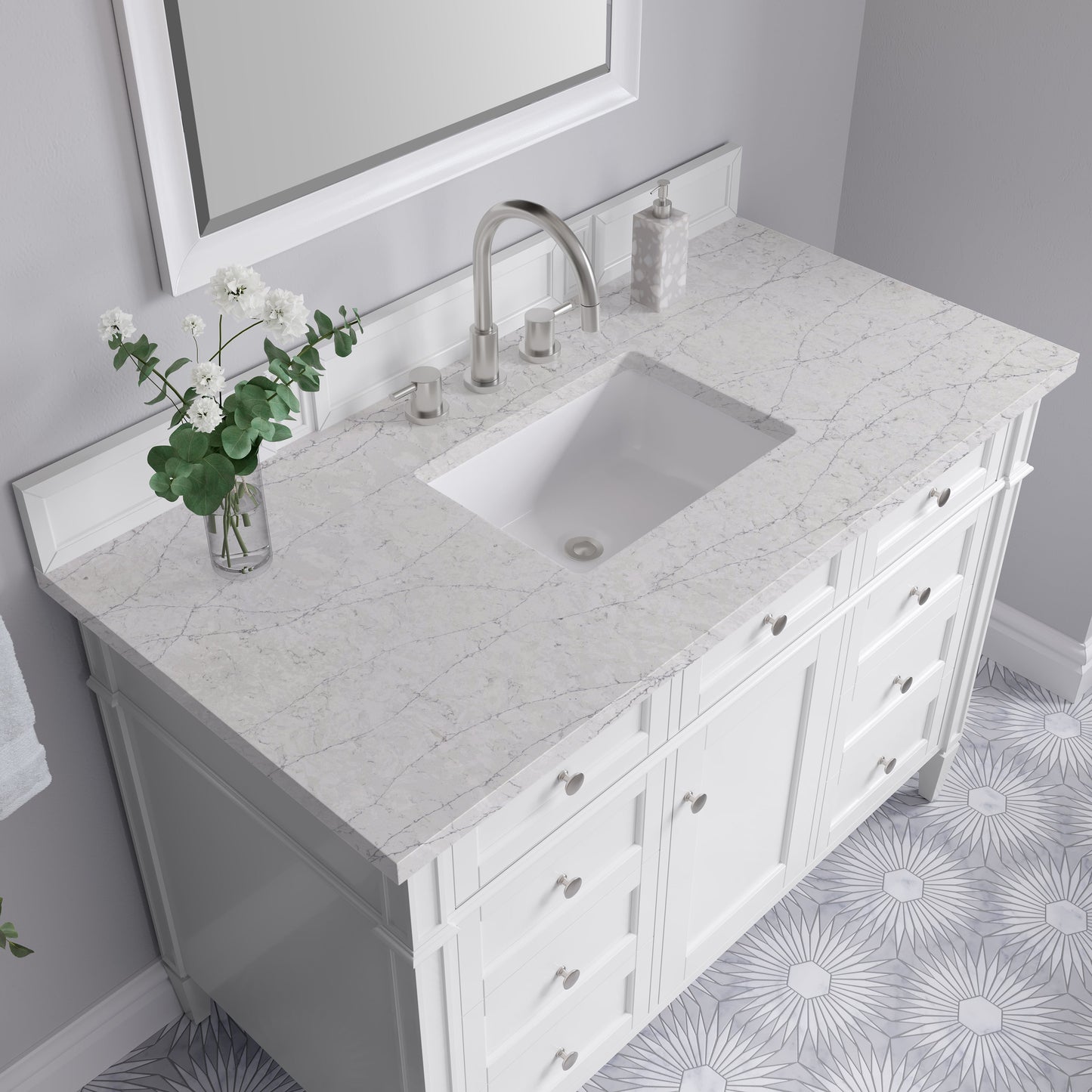 
                  
                    Brittany 48" Single Vanity in Bright White Single Bathroom Vanity James Martin Vanities Eternal Jasmine Pearl Silestone 
                  
                