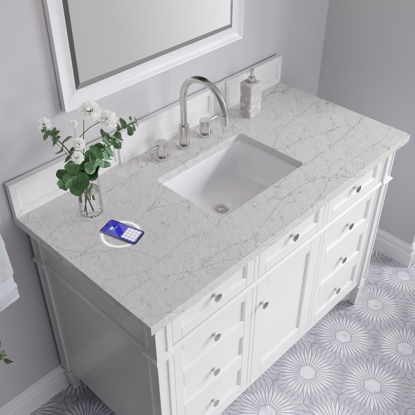 
                  
                    Brittany 48" Single Vanity in Bright White Single Bathroom Vanity James Martin Vanities FreePower-Enabled Eternal Jasmine Pearl Silestone 
                  
                