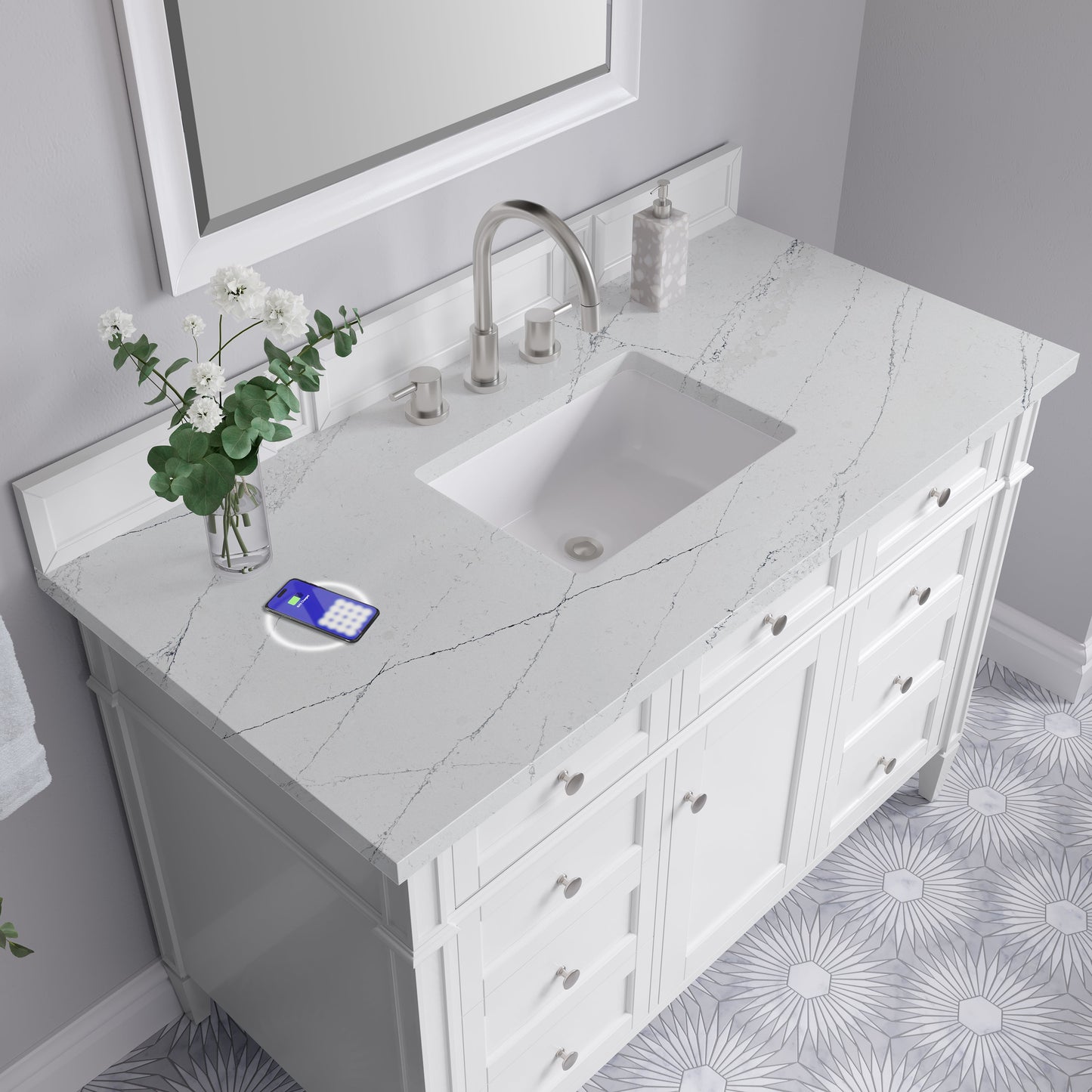 
                  
                    Brittany 48" Single Vanity in Bright White Single Bathroom Vanity James Martin Vanities FreePower-Enabled Ethereal Noctis Silestone 
                  
                