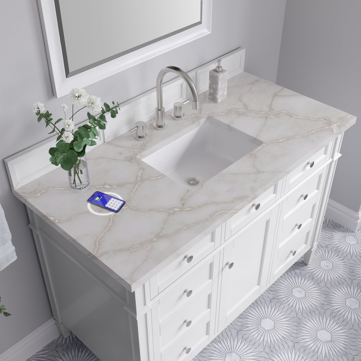 
                  
                    Brittany 48" Single Vanity in Bright White Single Bathroom Vanity James Martin Vanities FreePower-Enabled Victorian Silver Silestone 
                  
                