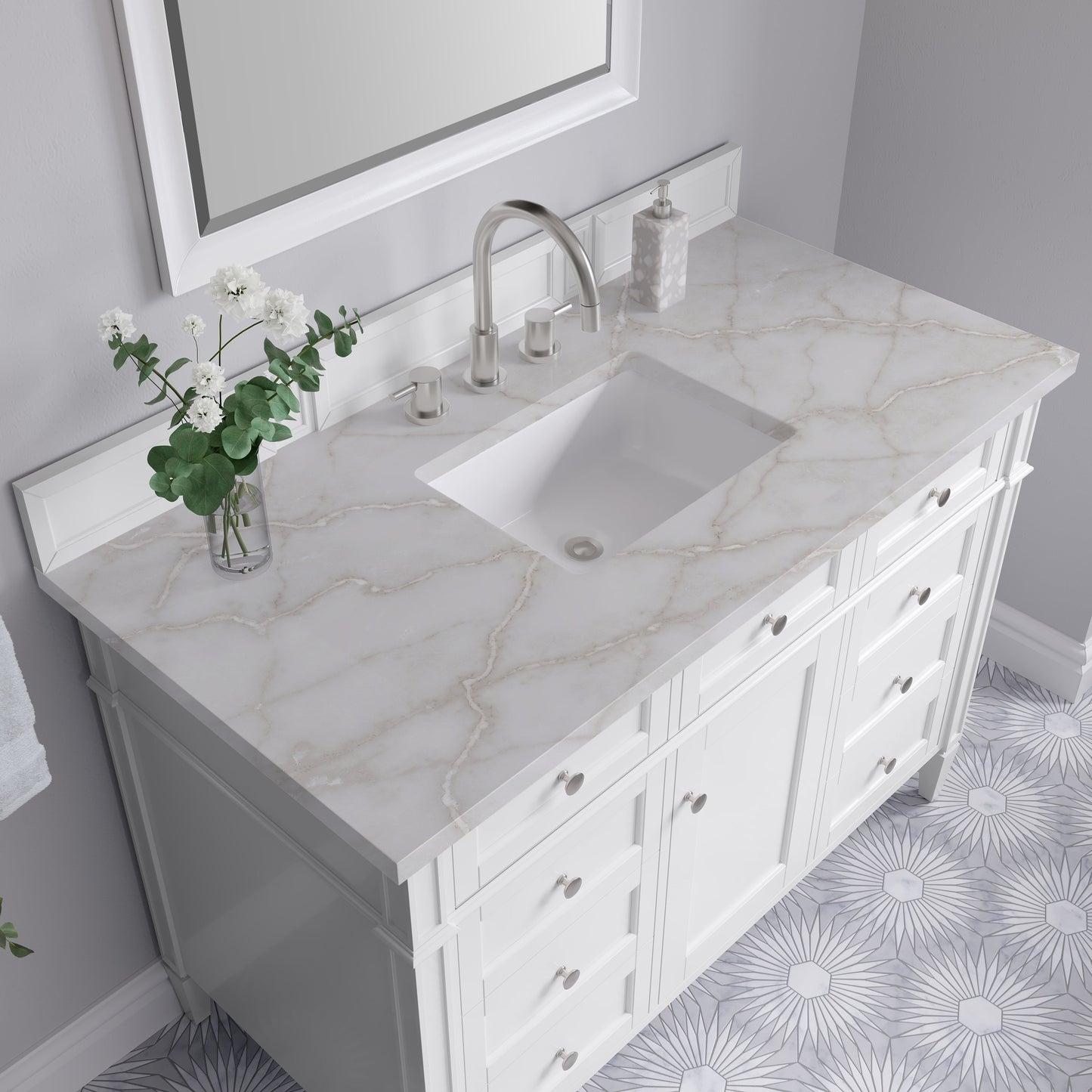 
                  
                    Brittany 48" Single Vanity in Bright White Single Bathroom Vanity James Martin Vanities Victorian Silver Silestone 
                  
                