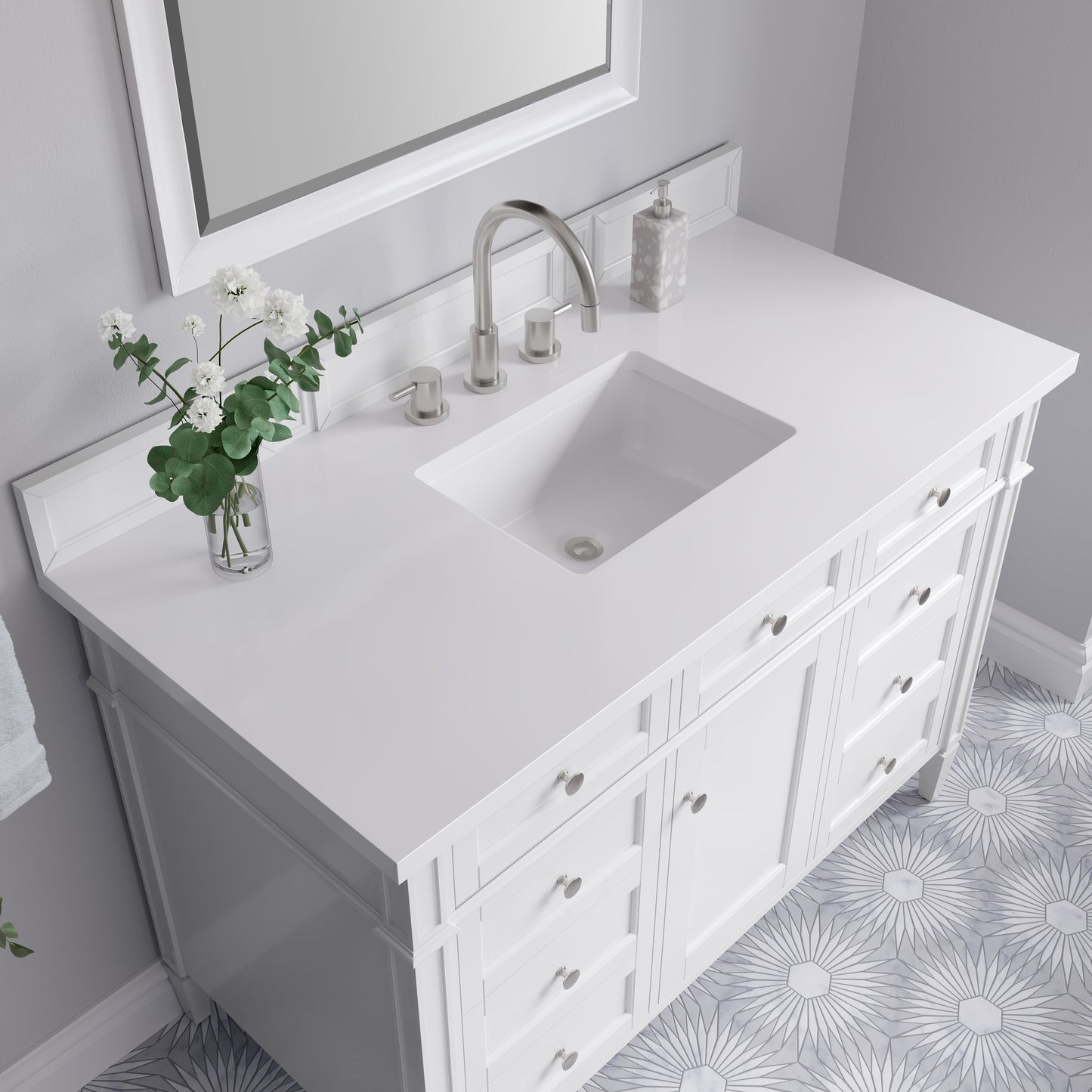 
                  
                    Brittany 48" Single Vanity in Bright White Single Bathroom Vanity James Martin Vanities White Zeus Silestone 
                  
                