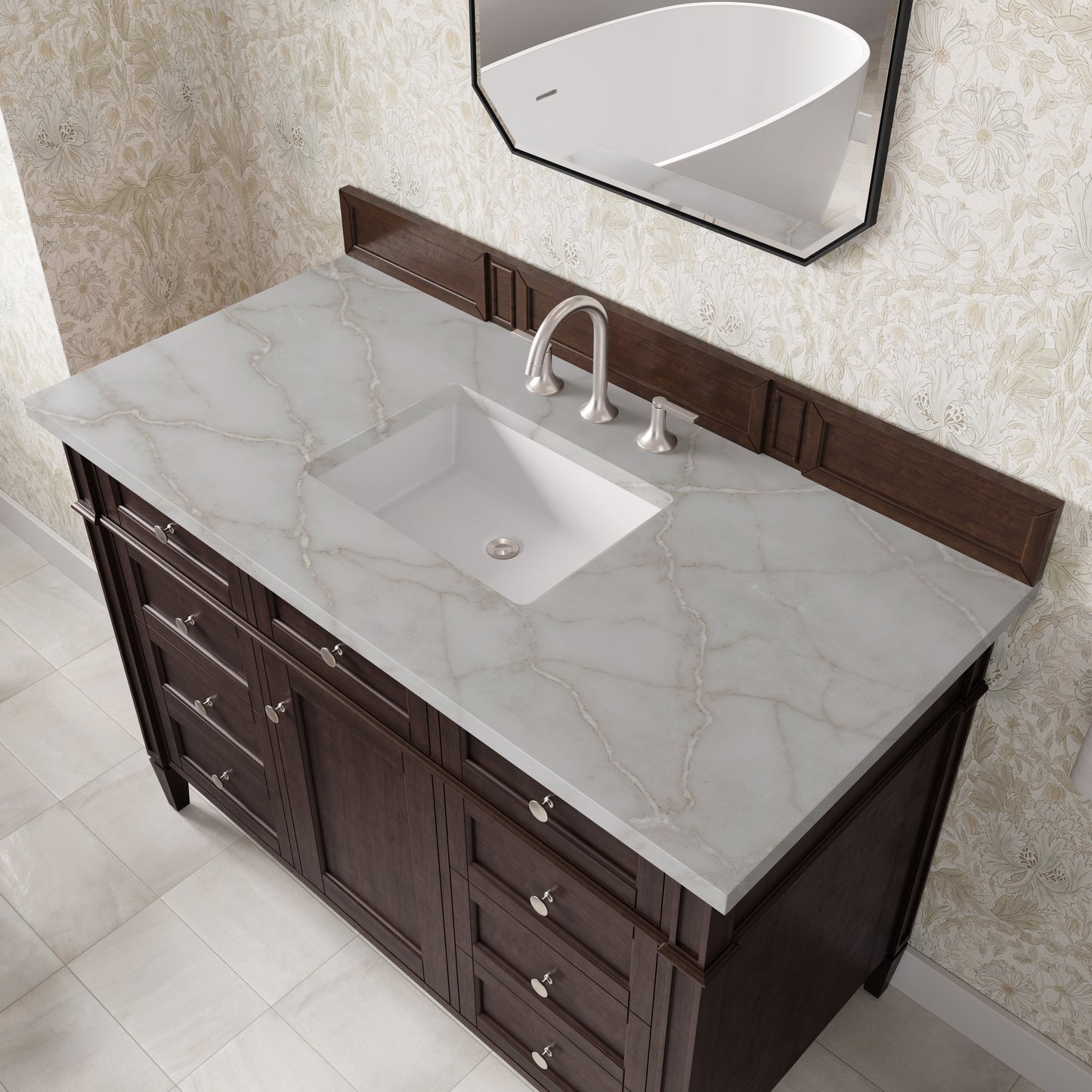 
                  
                    Brittany 48" Single Vanity in Burnished Mahogany Single Bathroom Vanity James Martin Vanities Victorian Silver Silestone 
                  
                