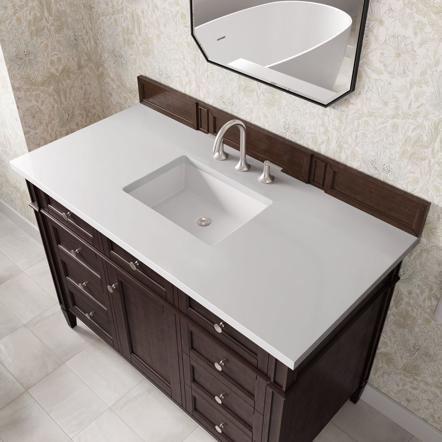 
                  
                    Brittany 48" Single Vanity in Burnished Mahogany Single Bathroom Vanity James Martin Vanities White Zeus Silestone 
                  
                