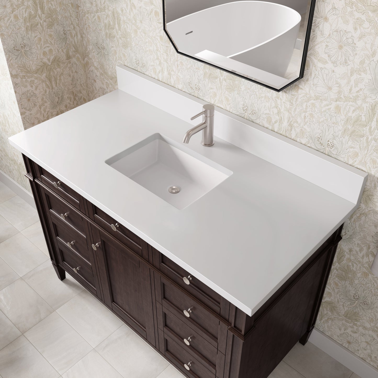 
                  
                    Brittany 48" Single Vanity in Burnished Mahogany Single Bathroom Vanity James Martin Vanities White Zeus Single Faucet Silestone Top w/Backsplash 
                  
                