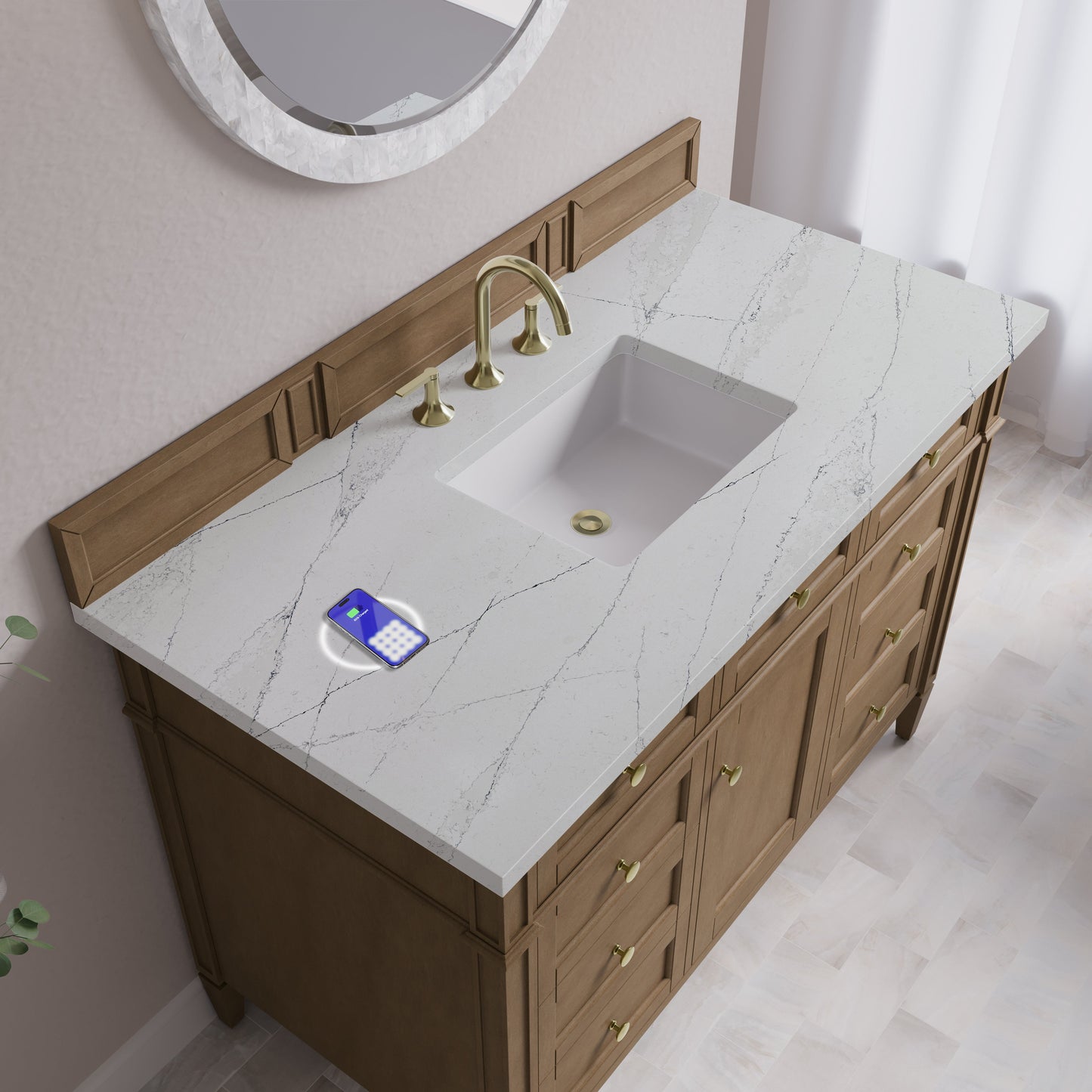 
                  
                    Brittany 48" Single Vanity in Pecan Single Bathroom Vanity James Martin Vanities FreePower-Enabled Ethereal Noctis Silestone 
                  
                
