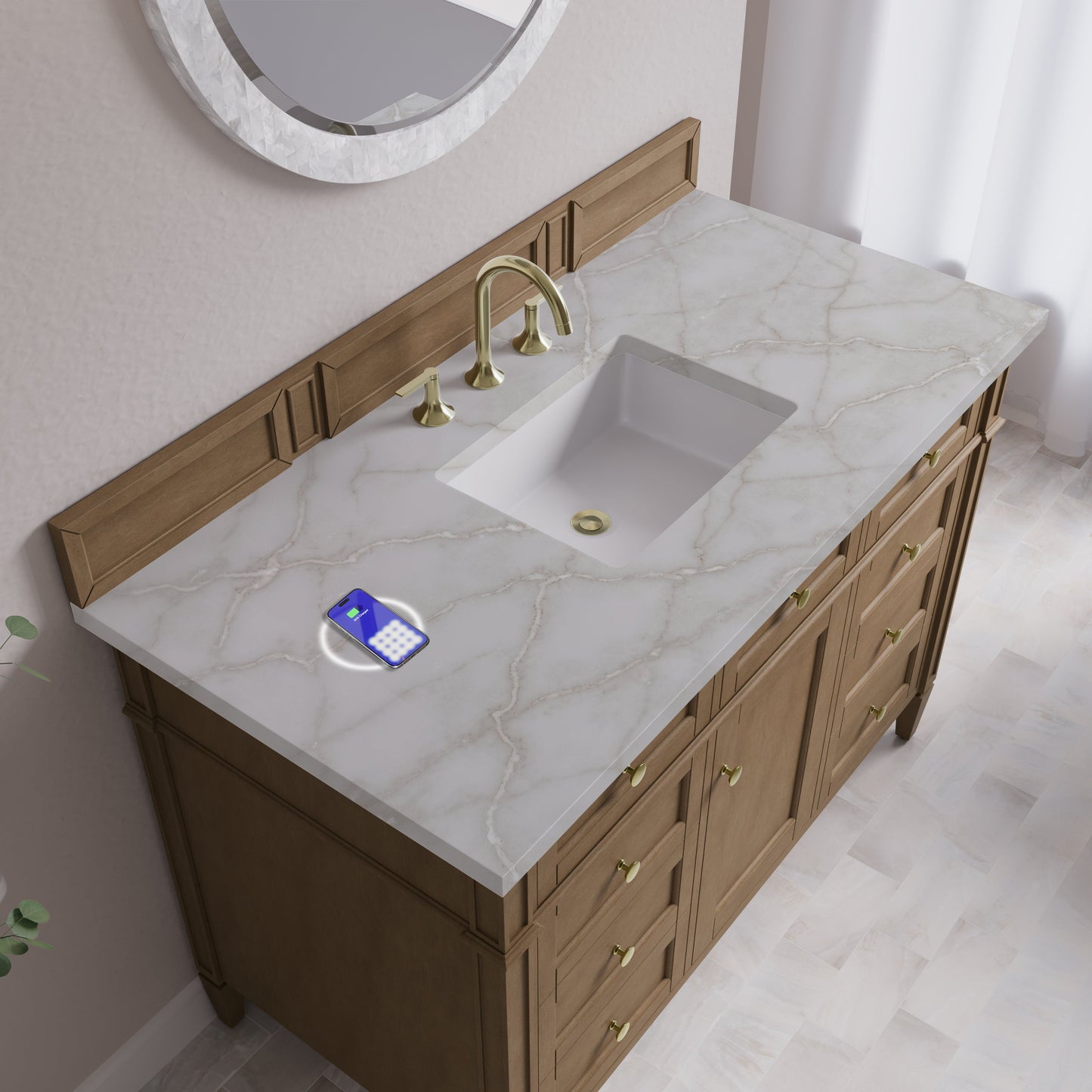 
                  
                    Brittany 48" Single Vanity in Pecan Single Bathroom Vanity James Martin Vanities FreePower-Enabled Victorian Silver Silestone 
                  
                