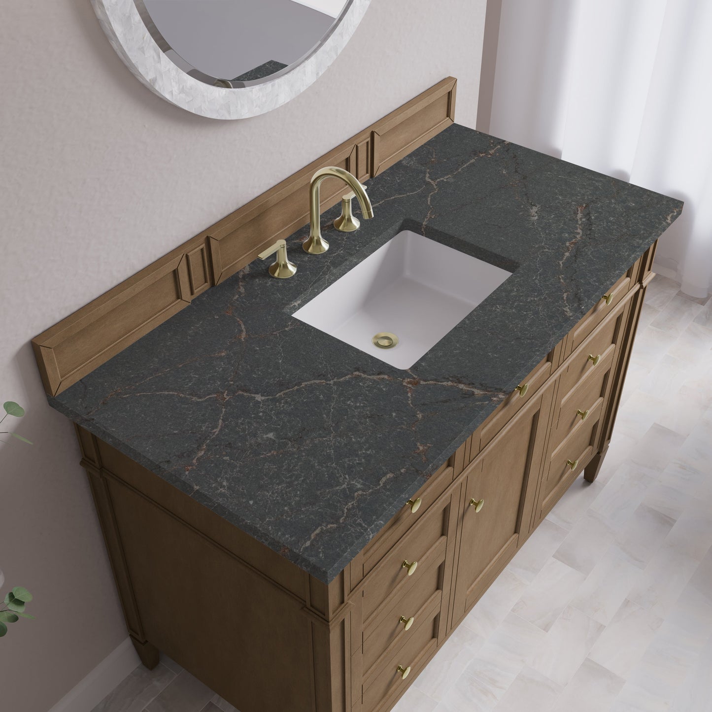 
                  
                    Brittany 48" Single Vanity in Pecan Single Bathroom Vanity James Martin Vanities Parisien Bleu Silestone 
                  
                