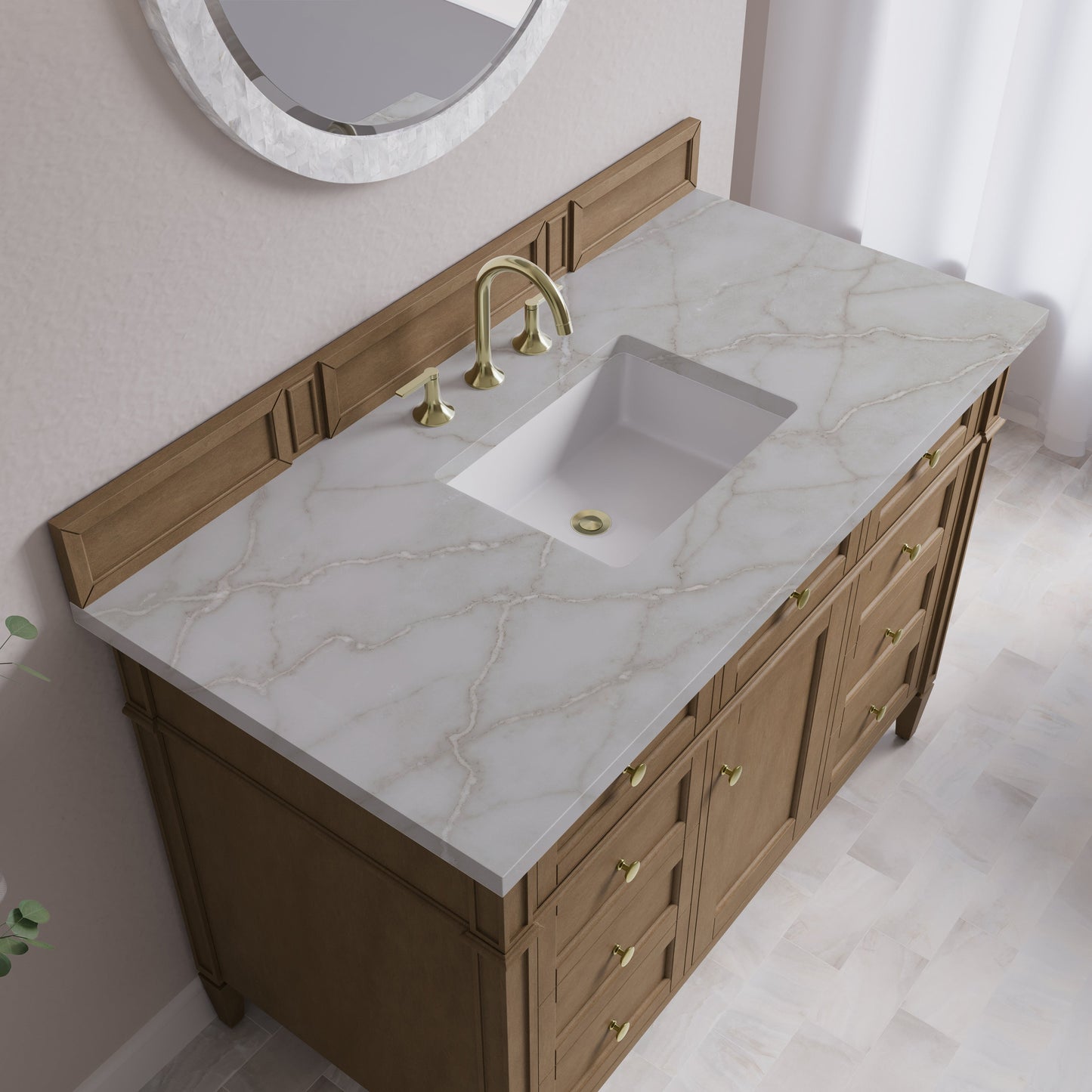 
                  
                    Brittany 48" Single Vanity in Pecan Single Bathroom Vanity James Martin Vanities Victorian Silver Silestone 
                  
                