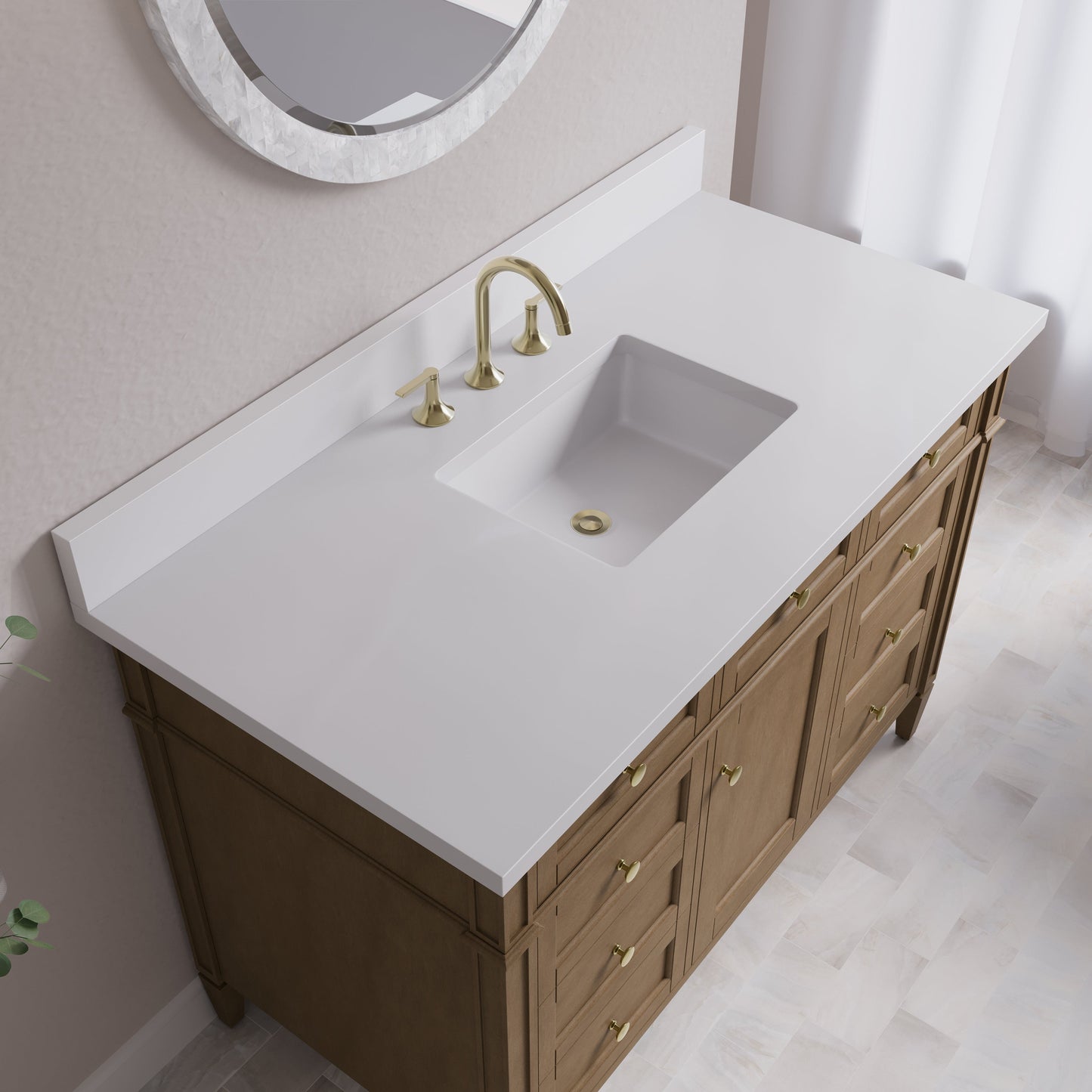 
                  
                    Brittany 48" Single Vanity in Pecan Single Bathroom Vanity James Martin Vanities White Zeus Silestone Top w/Backsplash 
                  
                