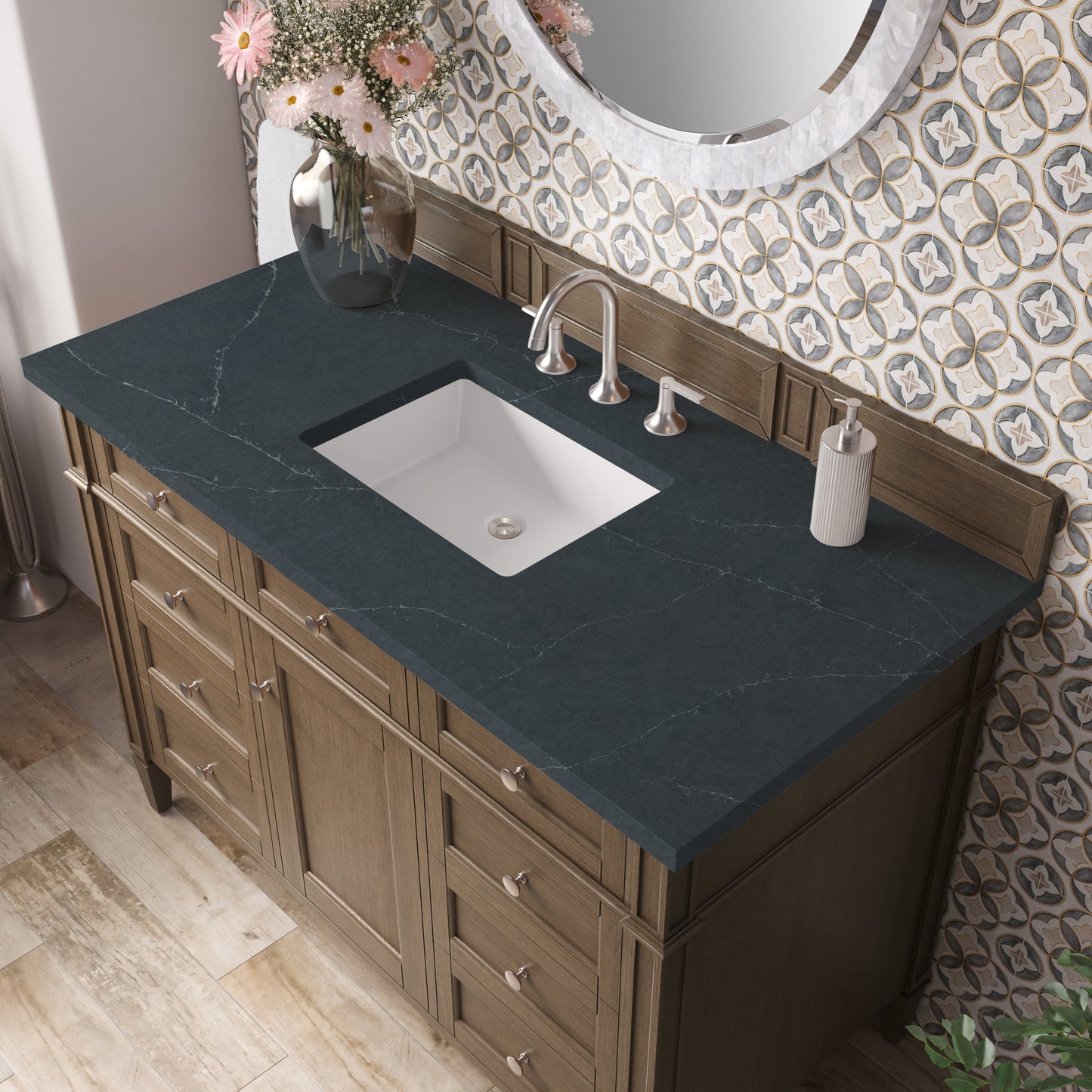 
                  
                    Brittany 48" Single Vanity in Saddle Brown Single Bathroom Vanity James Martin Vanities Charcoal Soapstone Silestone 
                  
                