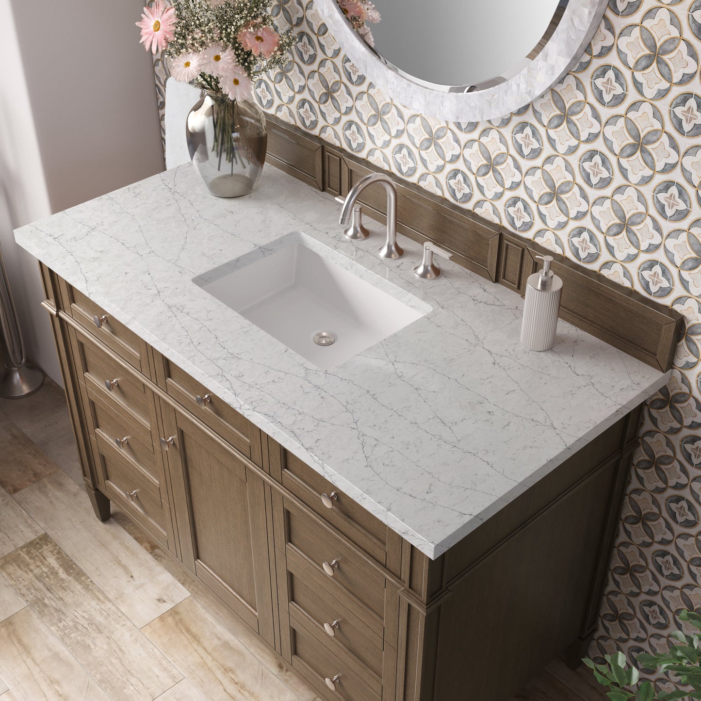 
                  
                    Brittany 48" Single Vanity in Saddle Brown Single Bathroom Vanity James Martin Vanities Eternal Jasmine Pearl Silestone 
                  
                