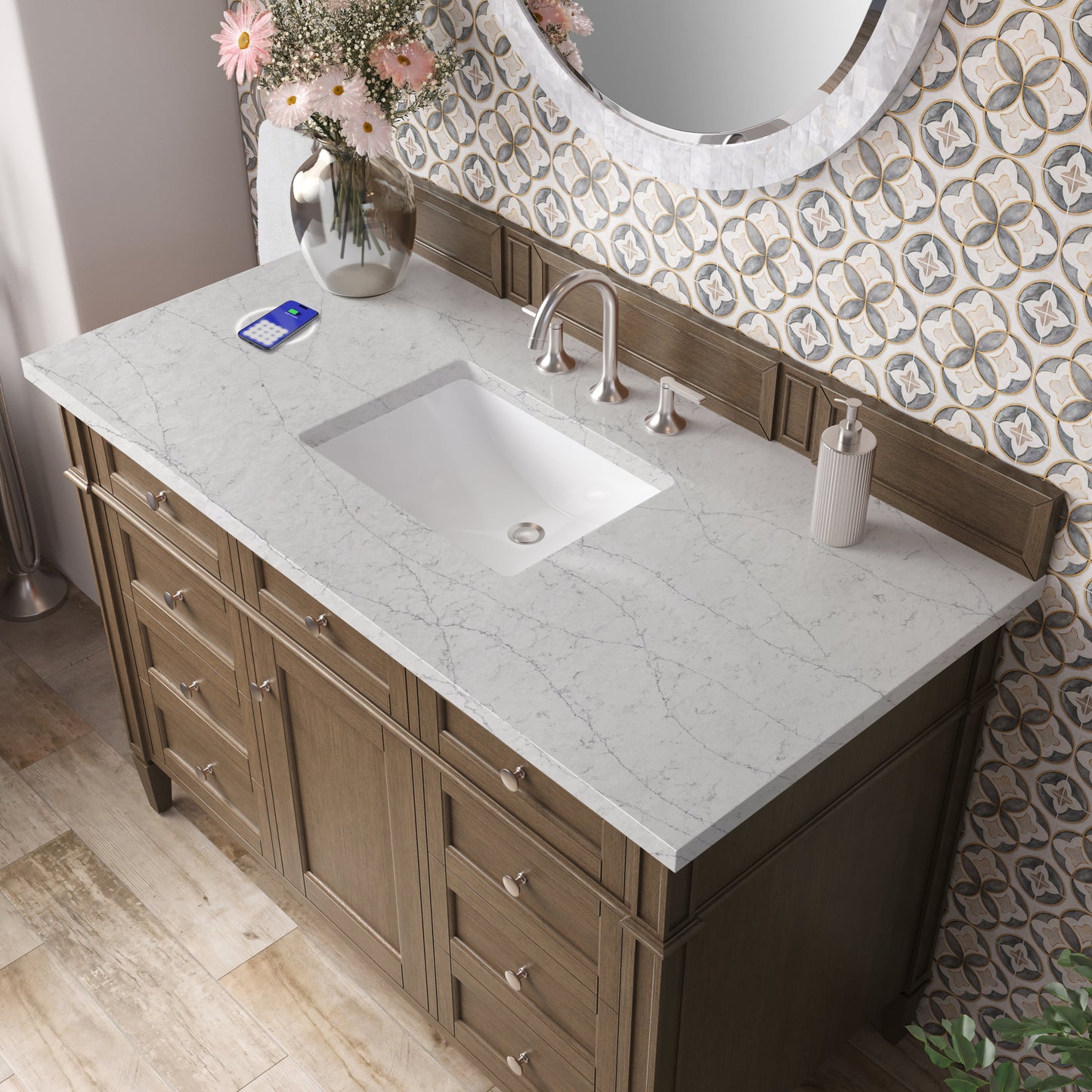 
                  
                    Brittany 48" Single Vanity in Saddle Brown Single Bathroom Vanity James Martin Vanities FreePower-Enabled Eternal Jasmine Pearl Silestone 
                  
                