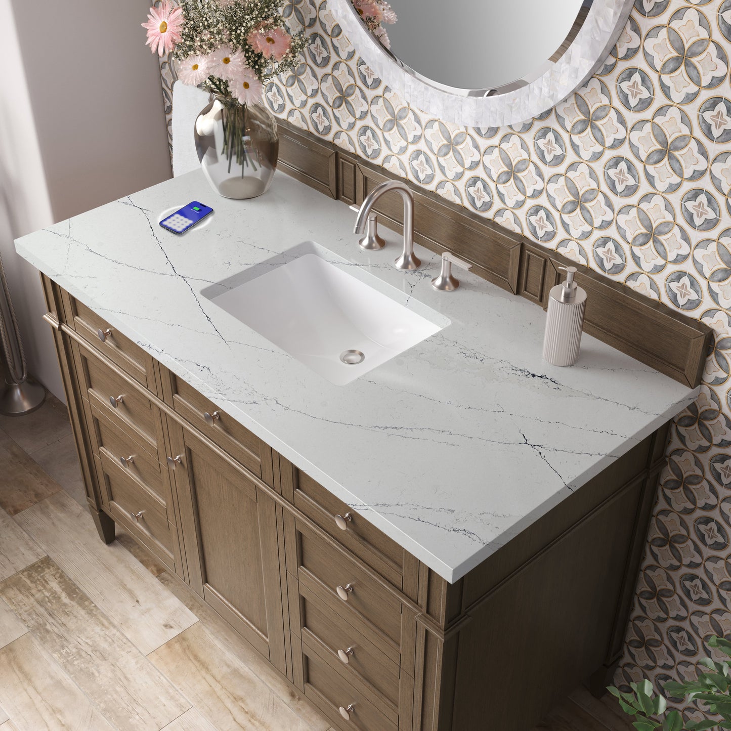 
                  
                    Brittany 48" Single Vanity in Saddle Brown Single Bathroom Vanity James Martin Vanities FreePower-Enabled Ethereal Noctis Silestone 
                  
                