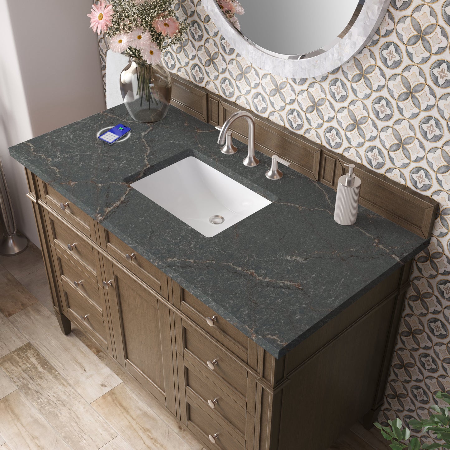 
                  
                    Brittany 48" Single Vanity in Saddle Brown Single Bathroom Vanity James Martin Vanities FreePower-Enabled Parisien Bleu Silestone 
                  
                