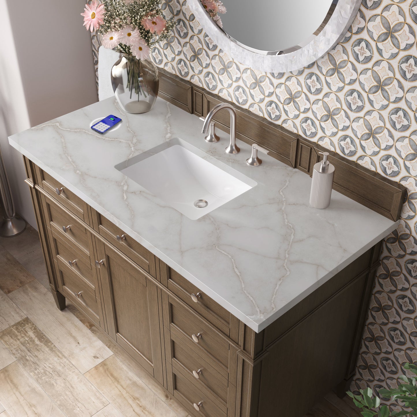 
                  
                    Brittany 48" Single Vanity in Saddle Brown Single Bathroom Vanity James Martin Vanities FreePower-Enabled Victorian Silver Silestone 
                  
                