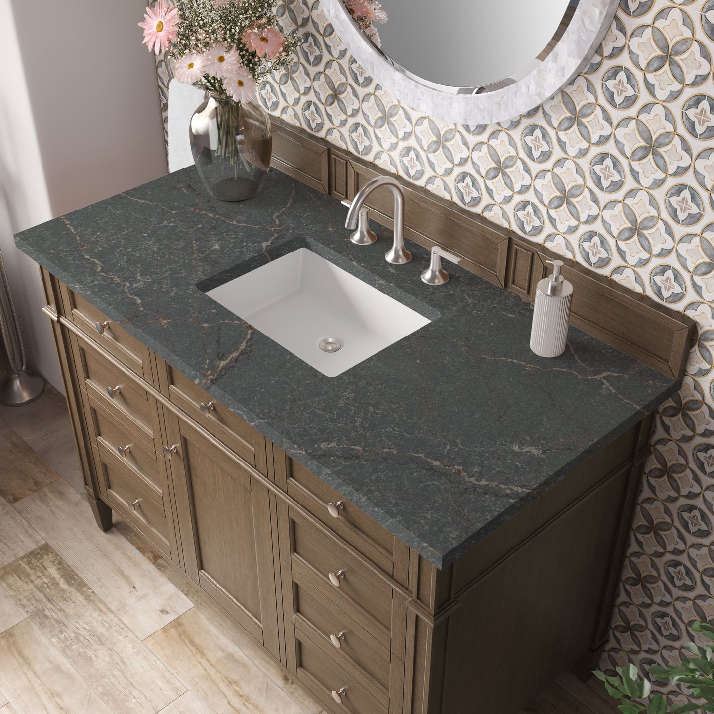 
                  
                    Brittany 48" Single Vanity in Saddle Brown Single Bathroom Vanity James Martin Vanities Parisien Bleu Silestone 
                  
                