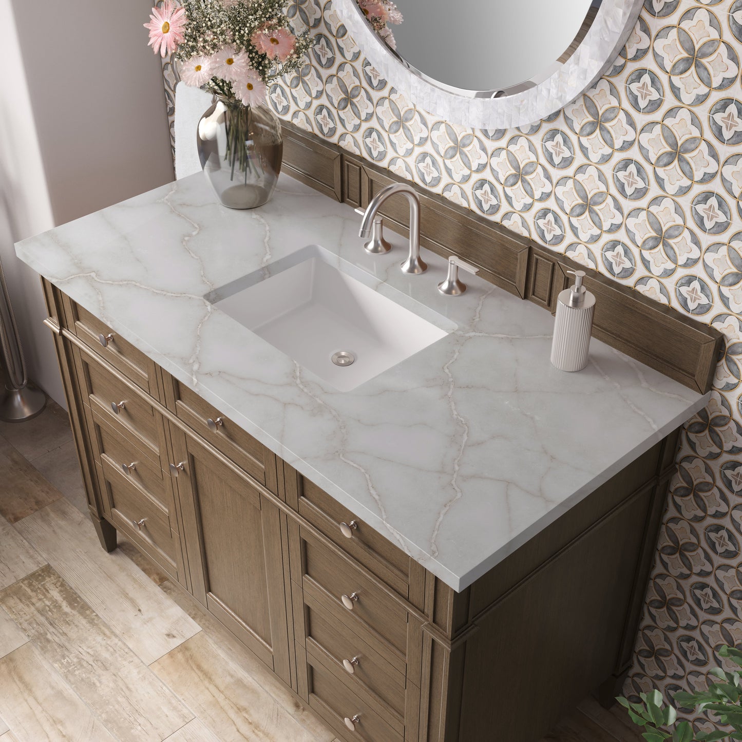 
                  
                    Brittany 48" Single Vanity in Saddle Brown Single Bathroom Vanity James Martin Vanities Victorian Silver Silestone 
                  
                