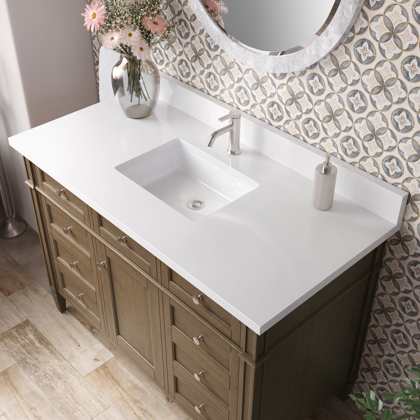 
                  
                    Brittany 48" Single Vanity in Saddle Brown Single Bathroom Vanity James Martin Vanities White Zeus Single Faucet Silestone Top w/Backsplash 
                  
                