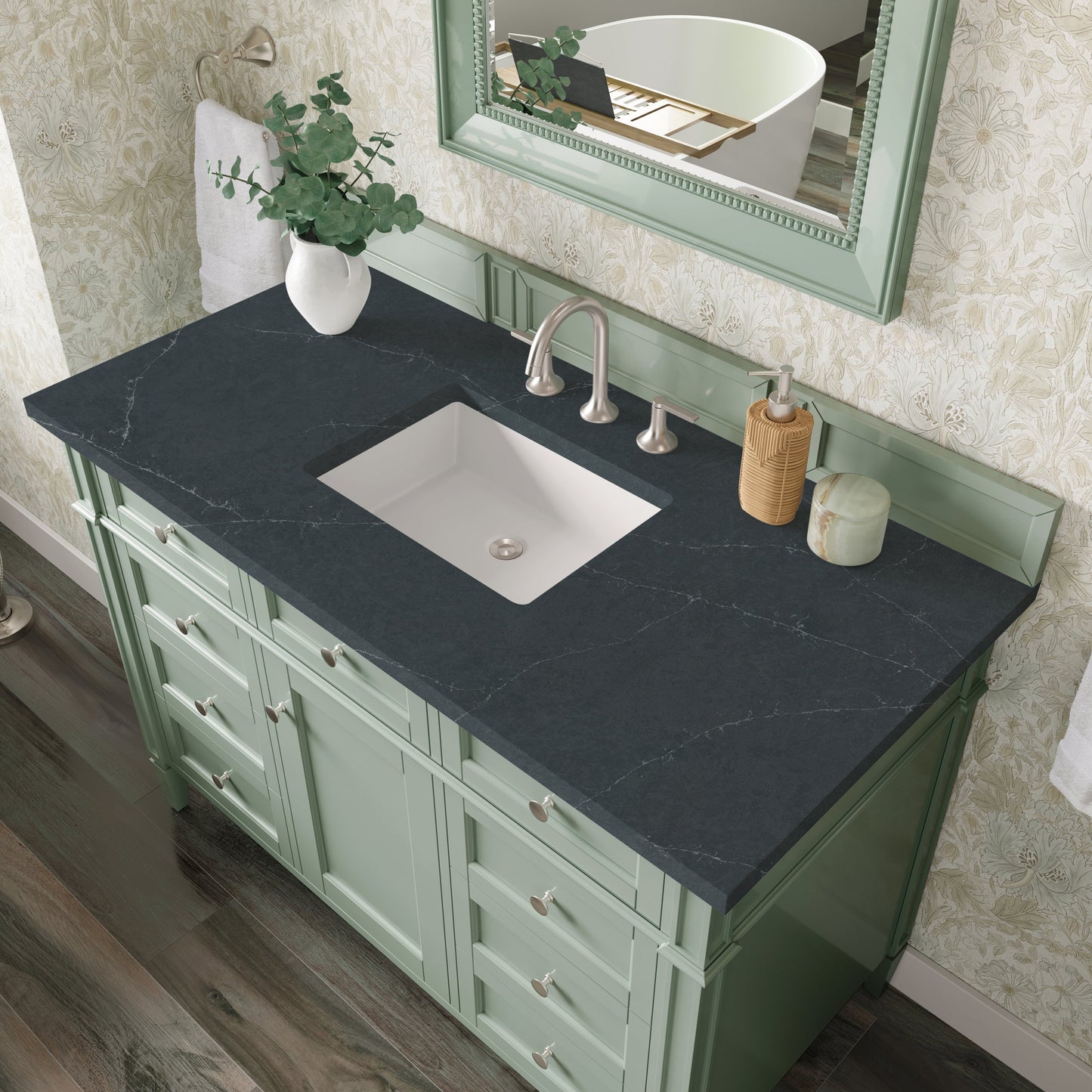 
                  
                    Brittany 48" Single Vanity in Sage Green Single Bathroom Vanity James Martin Vanities Charcoal Soapstone Silestone 
                  
                