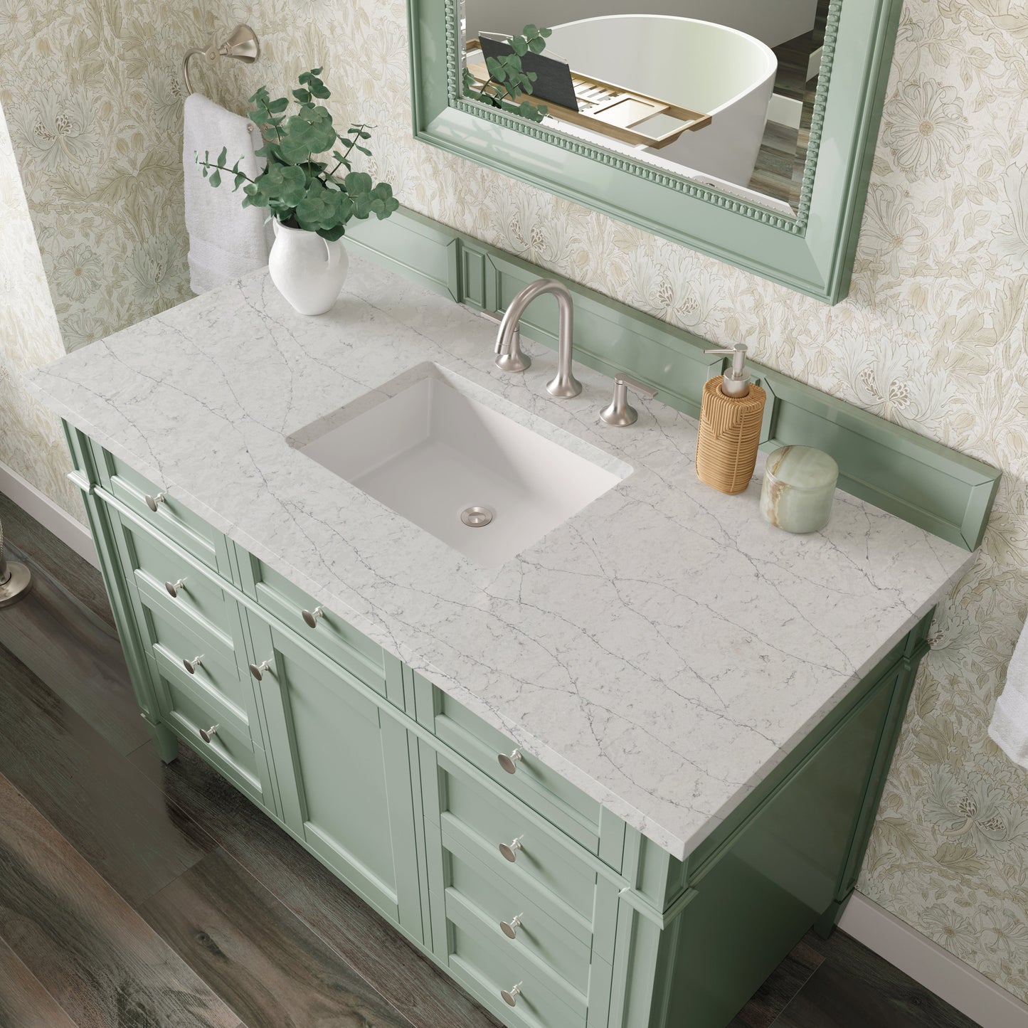 
                  
                    Brittany 48" Single Vanity in Sage Green Single Bathroom Vanity James Martin Vanities Eternal Jasmine Pearl Silestone 
                  
                