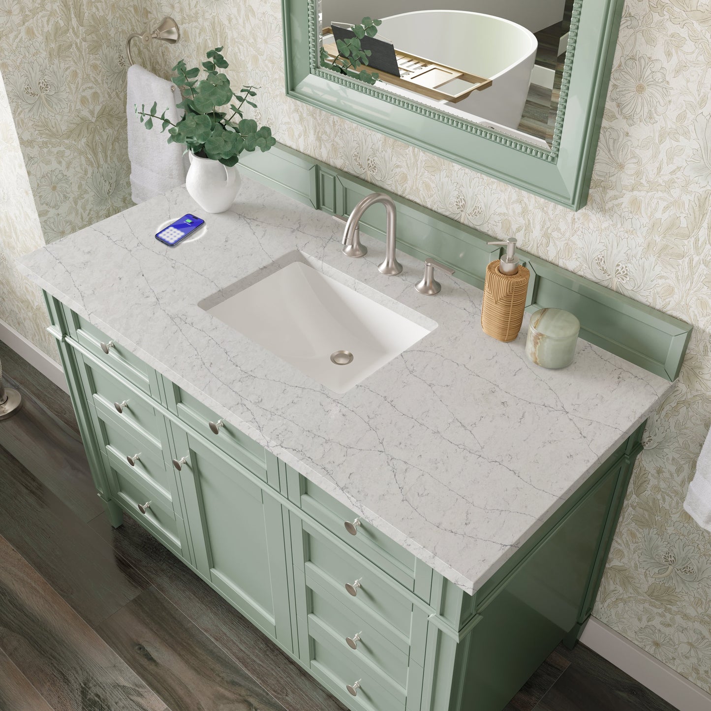 
                  
                    Brittany 48" Single Vanity in Sage Green Single Bathroom Vanity James Martin Vanities FreePower-Enabled Eternal Jasmine Pearl Silestone 
                  
                