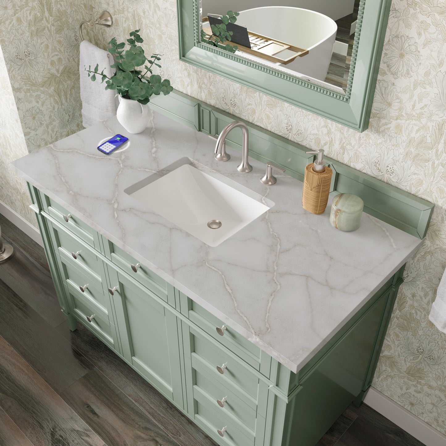 
                  
                    Brittany 48" Single Vanity in Sage Green Single Bathroom Vanity James Martin Vanities FreePower-Enabled Victorian Silver Silestone 
                  
                