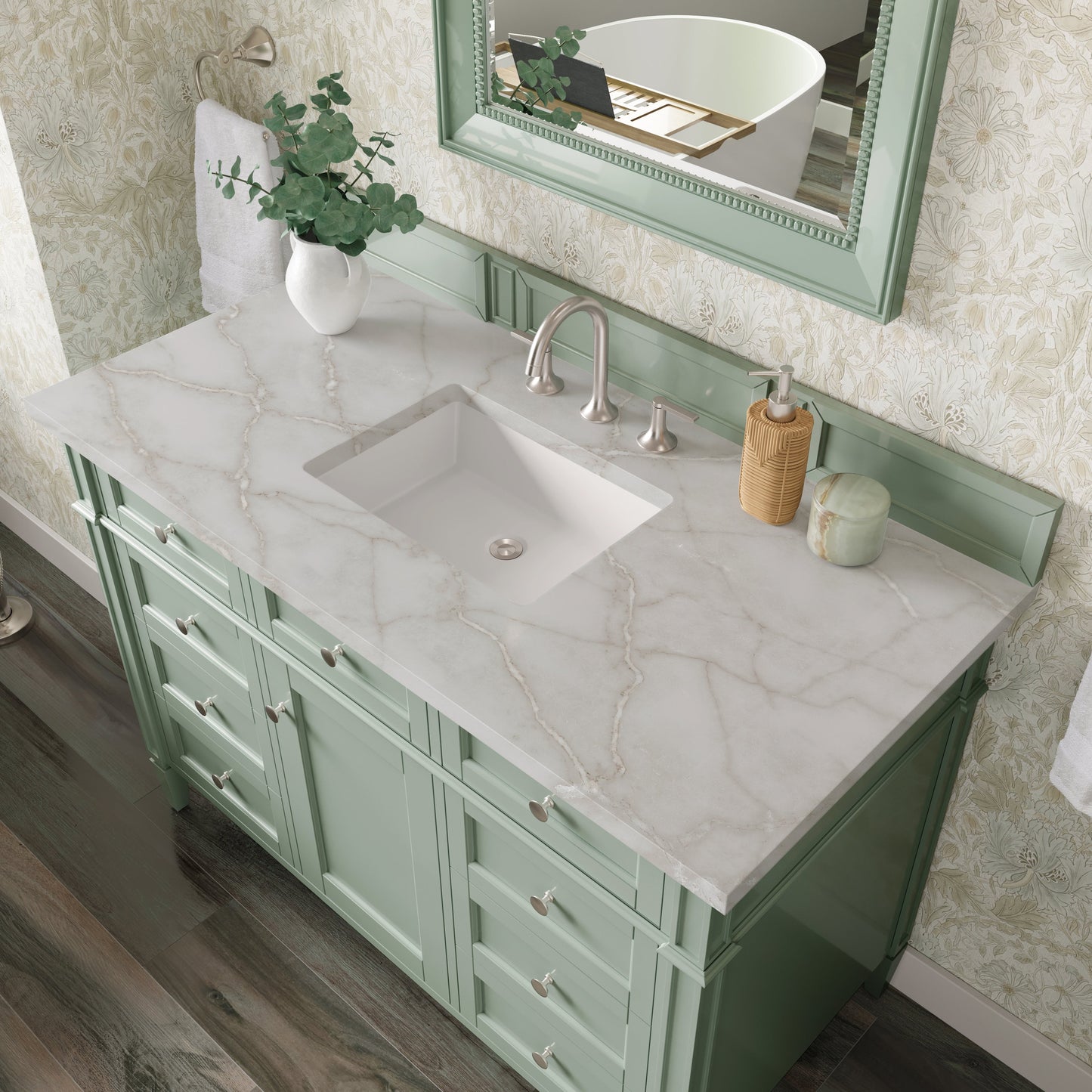 
                  
                    Brittany 48" Single Vanity in Sage Green Single Bathroom Vanity James Martin Vanities Victorian Silver Silestone 
                  
                