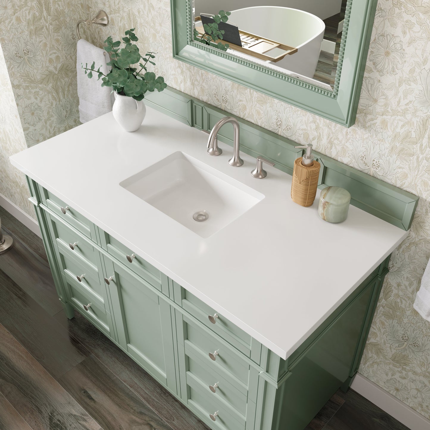 
                  
                    Brittany 48" Single Vanity in Sage Green Single Bathroom Vanity James Martin Vanities White Zeus Silestone 
                  
                