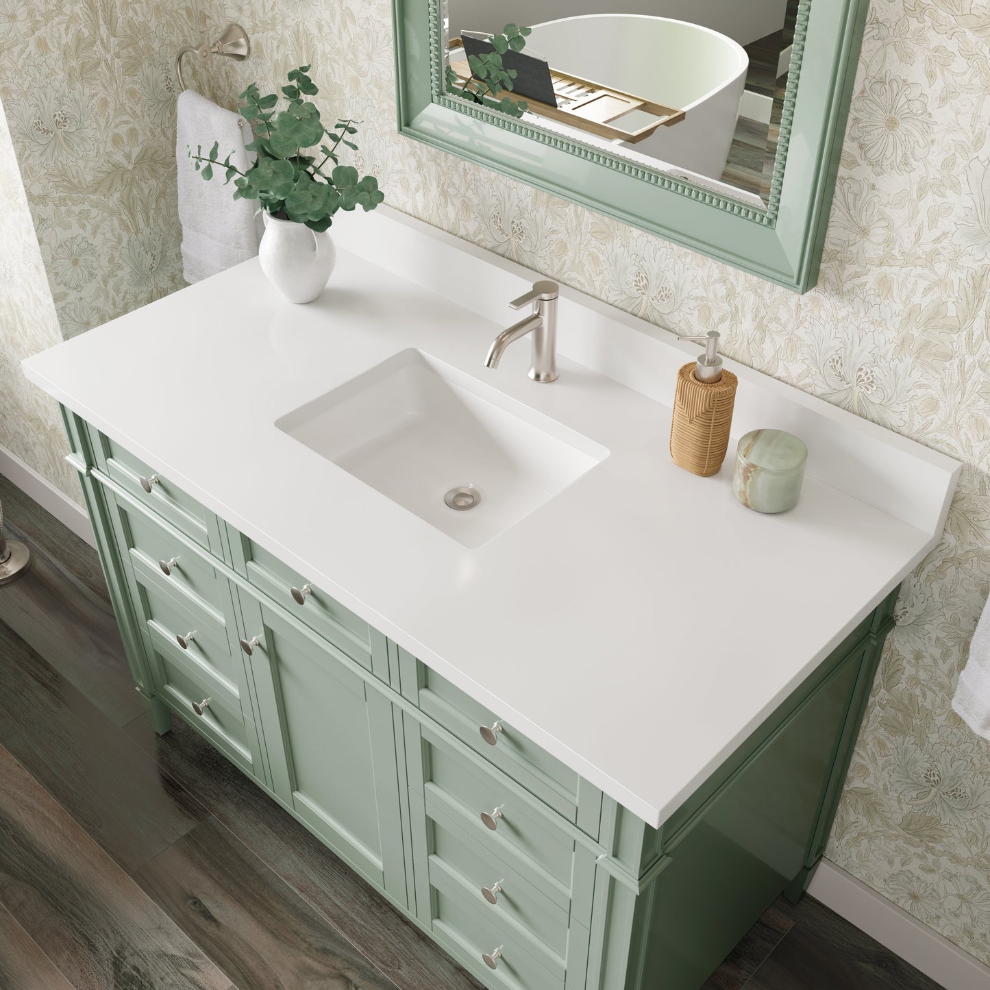 
                  
                    Brittany 48" Single Vanity in Sage Green Single Bathroom Vanity James Martin Vanities White Zeus Single Faucet Silestone Top w/Backsplash 
                  
                