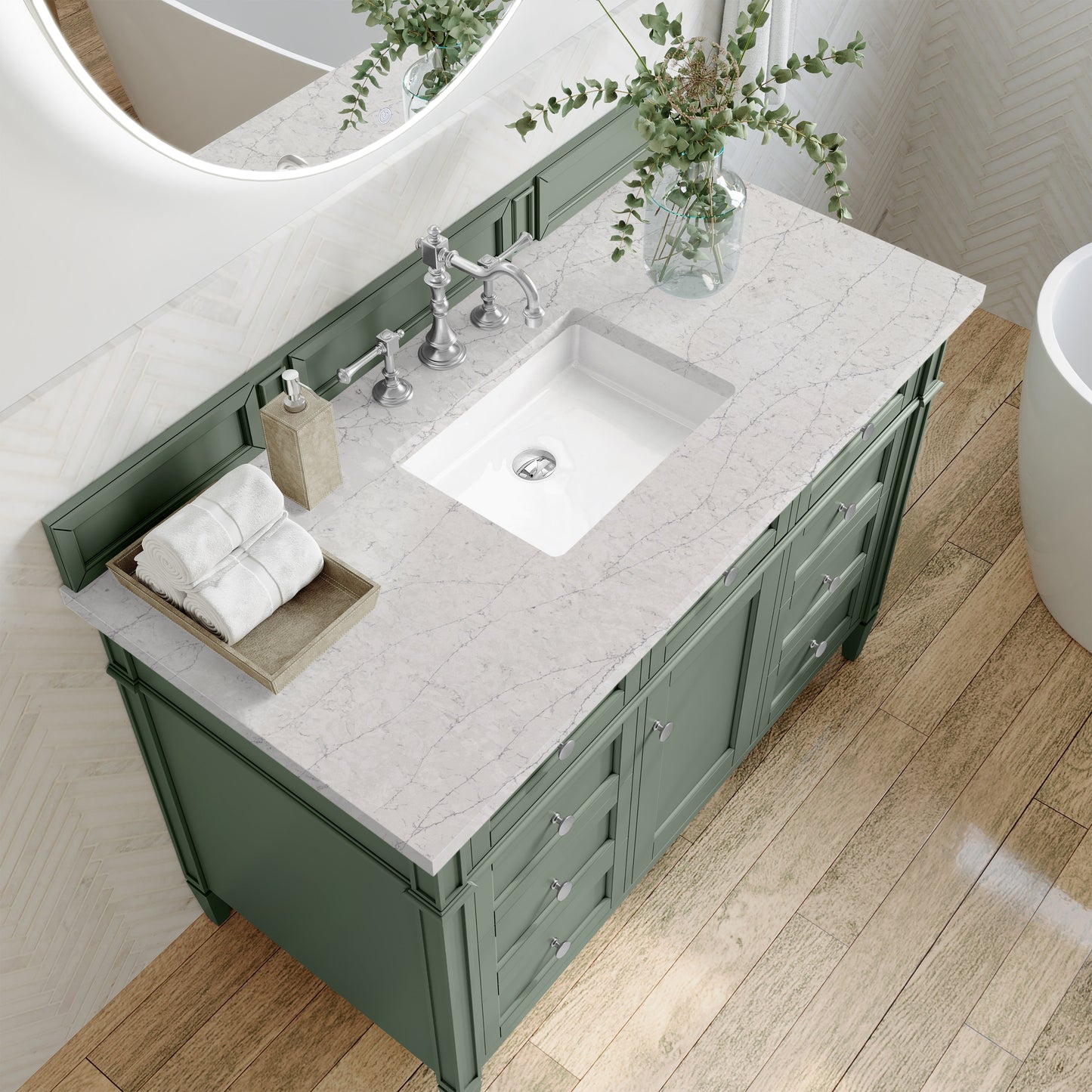 
                  
                    Brittany 48" Single Vanity in Smokey Celadon Single Bathroom Vanity James Martin Vanities Eternal Jasmine Pearl Silestone 
                  
                