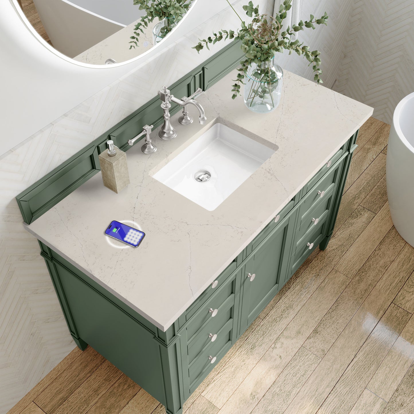 
                  
                    Brittany 48" Single Vanity in Smokey Celadon Single Bathroom Vanity James Martin Vanities FreePower-Enabled Siberian Silestone 
                  
                