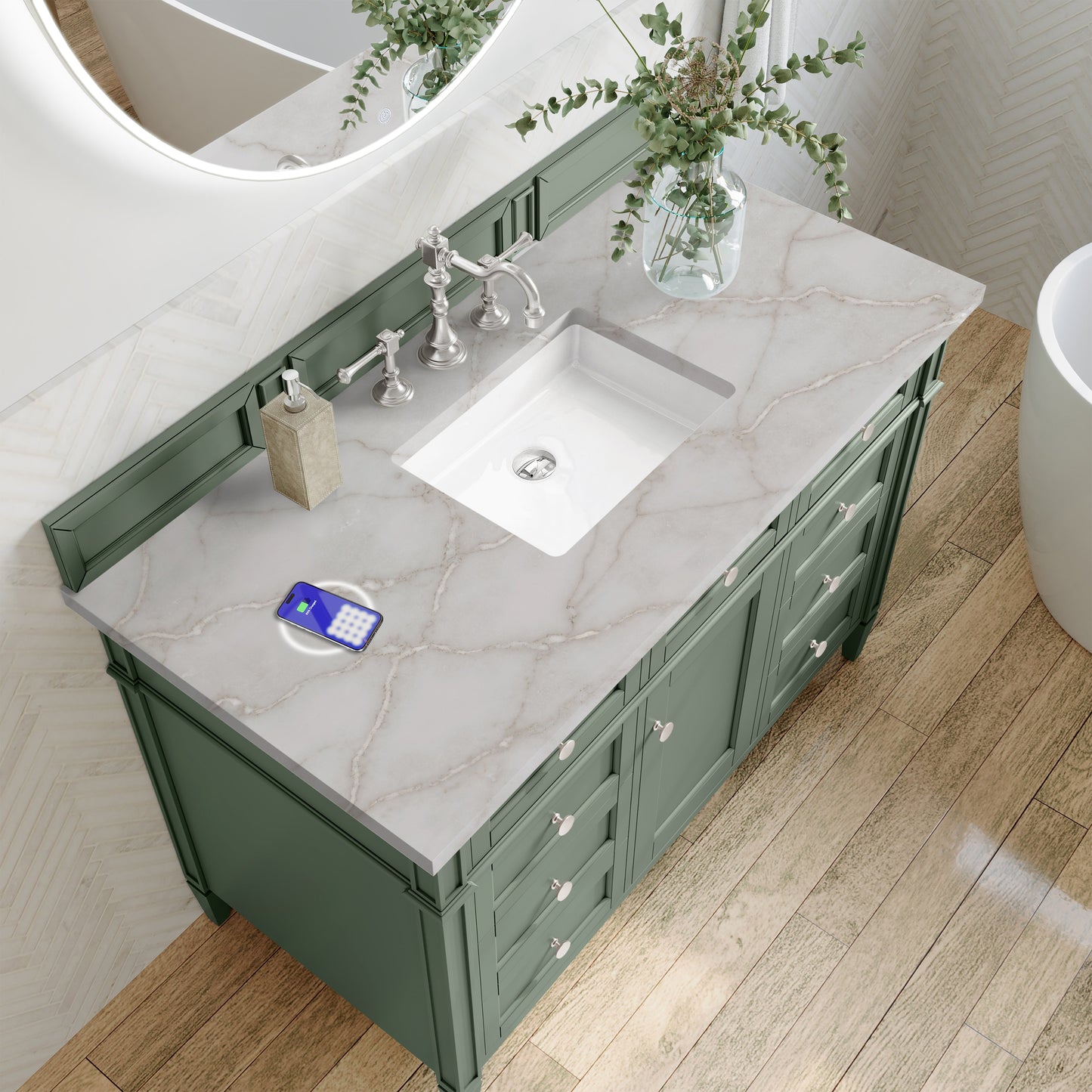 
                  
                    Brittany 48" Single Vanity in Smokey Celadon Single Bathroom Vanity James Martin Vanities FreePower-Enabled Victorian Silver Silestone 
                  
                
