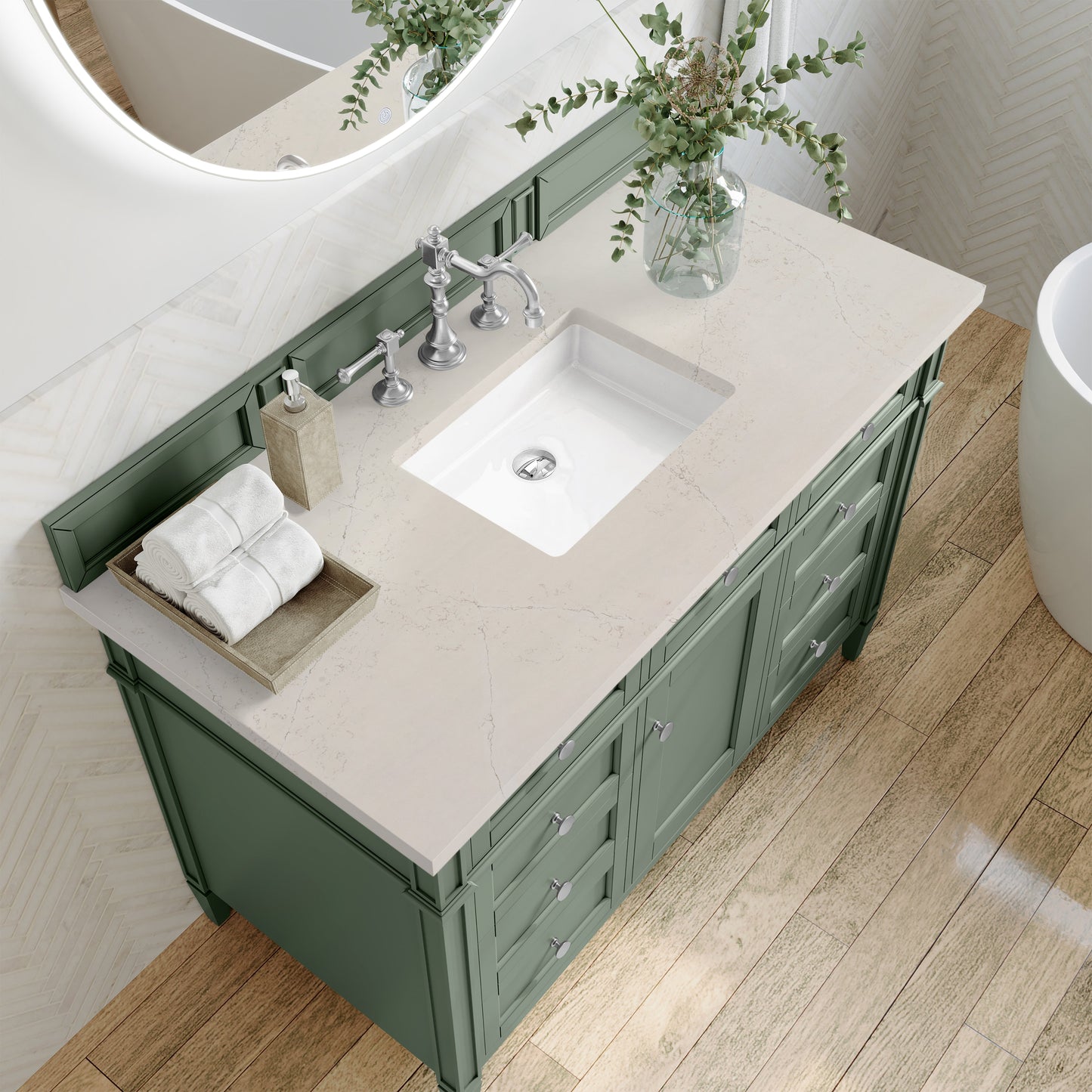 
                  
                    Brittany 48" Single Vanity in Smokey Celadon Single Bathroom Vanity James Martin Vanities Siberian Silestone 
                  
                