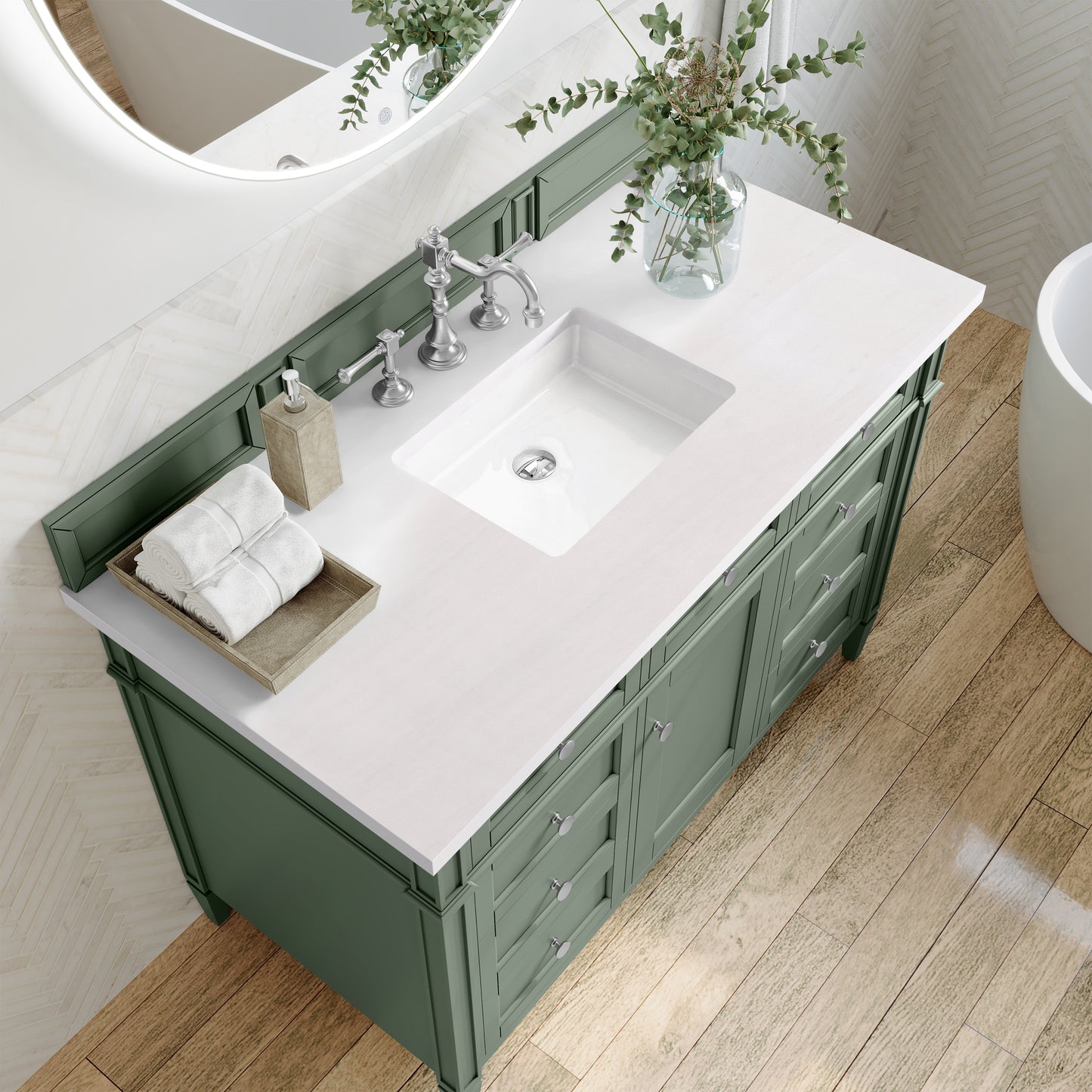 
                  
                    Brittany 48" Single Vanity in Smokey Celadon Single Bathroom Vanity James Martin Vanities White Zeus Silestone 
                  
                
