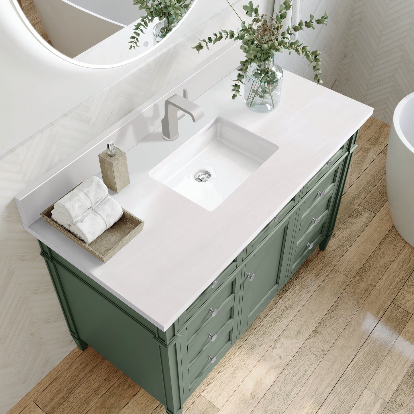 
                  
                    Brittany 48" Single Vanity in Smokey Celadon Single Bathroom Vanity James Martin Vanities White Zeus Single Faucet Silestone Top w/Backsplash 
                  
                