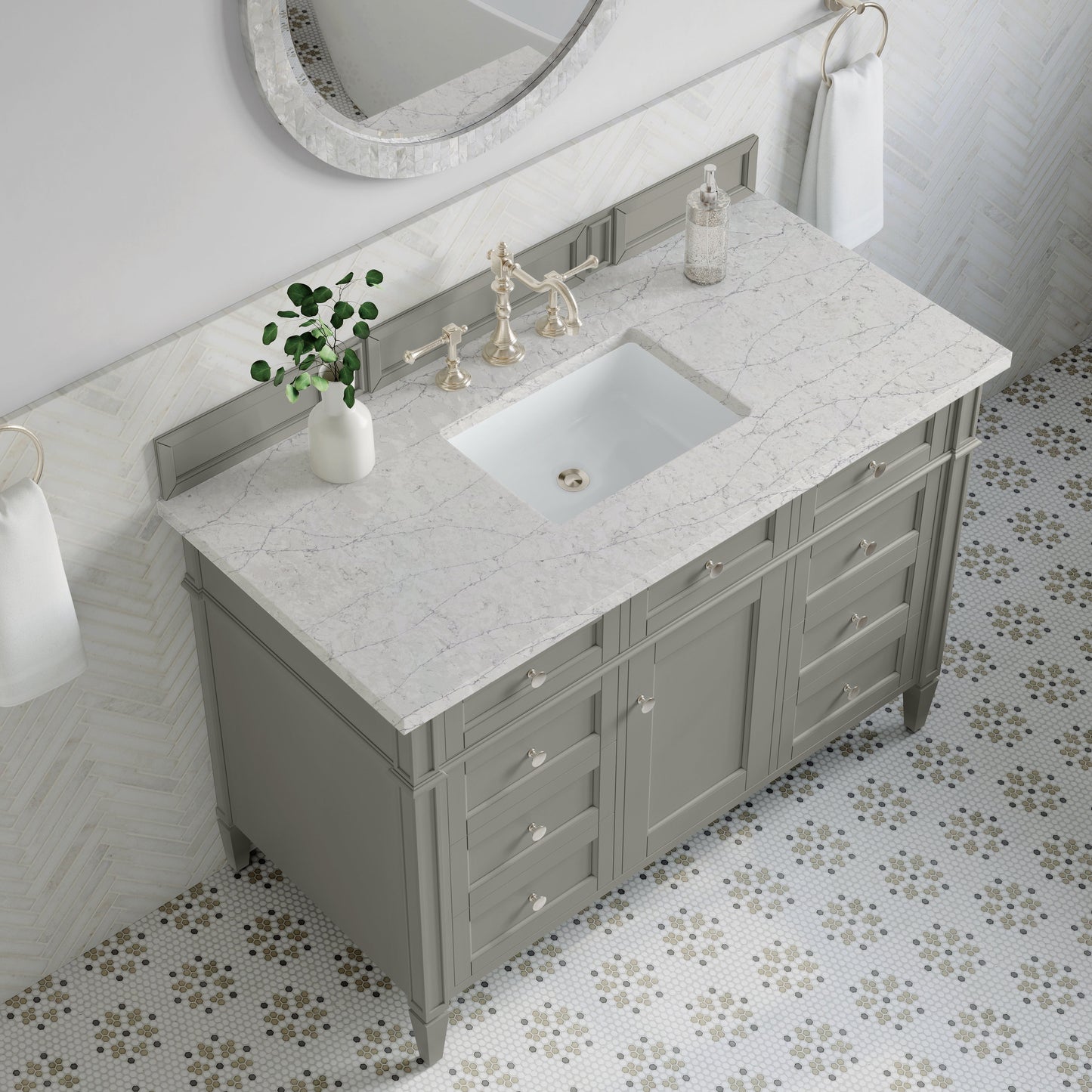 
                  
                    Brittany 48" Single Vanity in Urban Gray Single Bathroom Vanity James Martin Vanities Eternal Jasmine Pearl Silestone 
                  
                