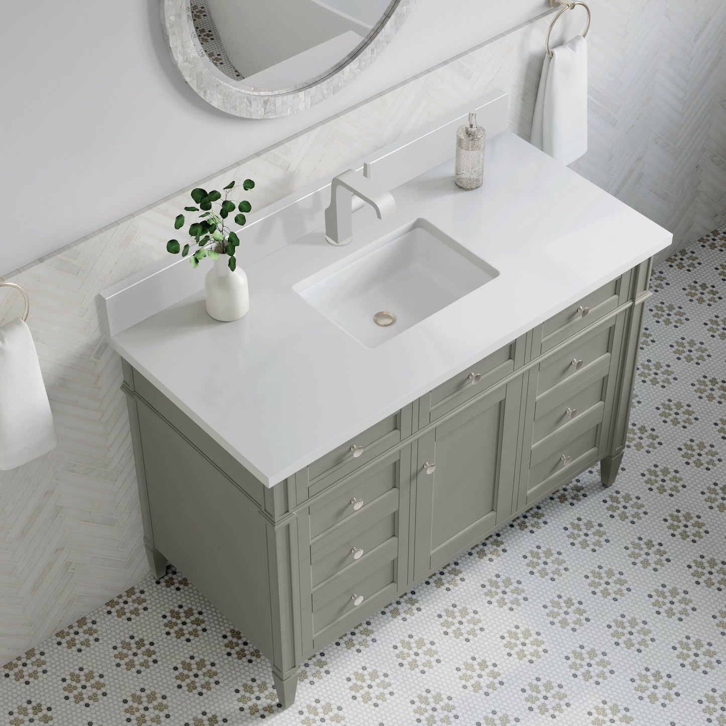 
                  
                    Brittany 48" Single Vanity in Urban Gray Single Bathroom Vanity James Martin Vanities White Zeus Single Faucet Silestone Top w/Backsplash 
                  
                