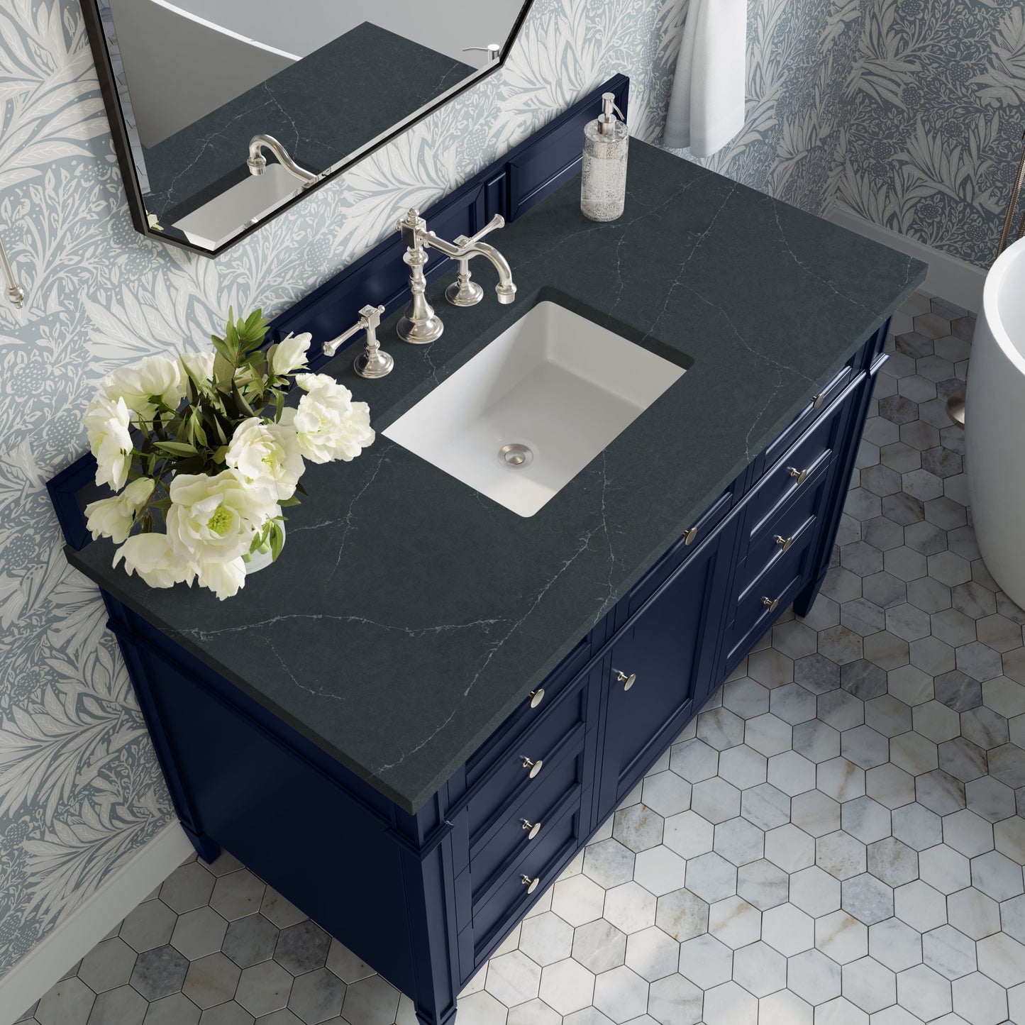 
                  
                    Brittany 48" Single Vanity in Victory Blue Single Bathroom Vanity James Martin Vanities Charcoal Soapstone Silestone 
                  
                