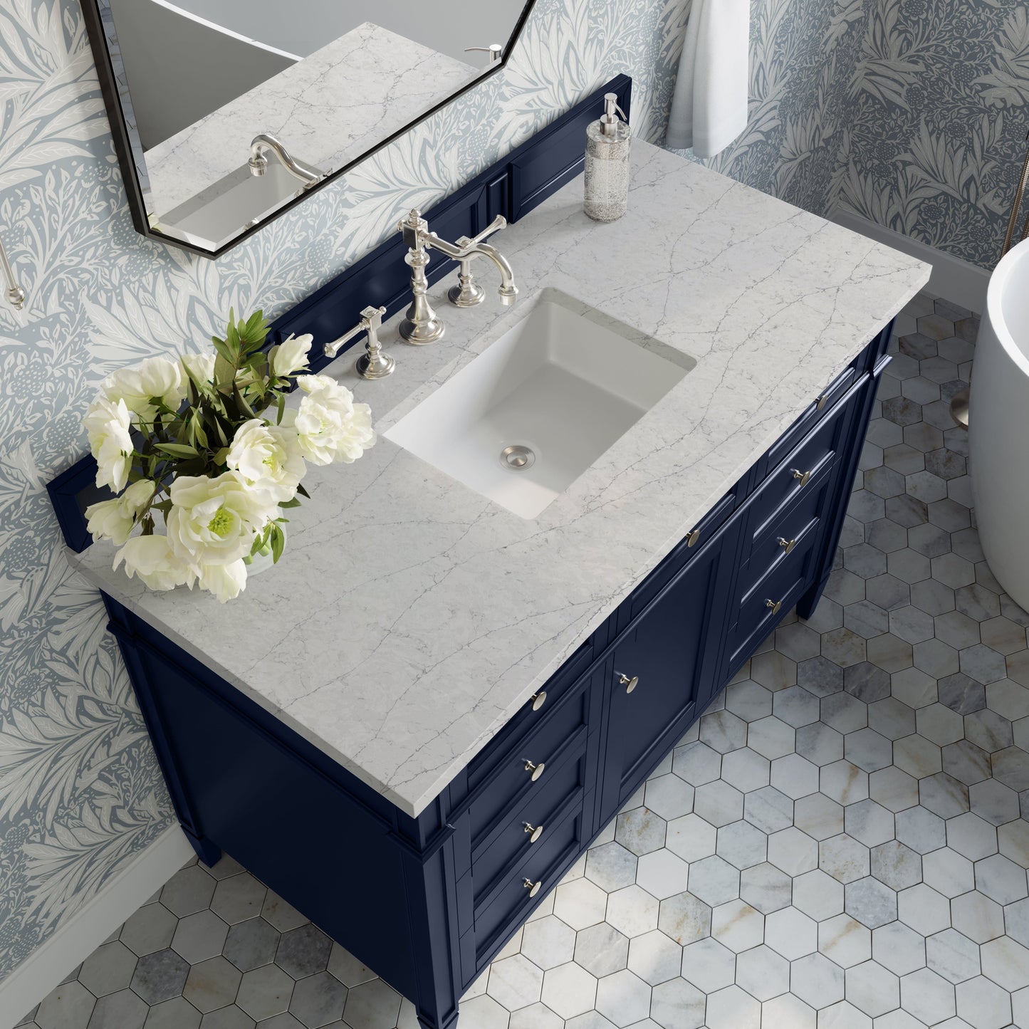 
                  
                    Brittany 48" Single Vanity in Victory Blue Single Bathroom Vanity James Martin Vanities Eternal Jasmine Pearl Silestone 
                  
                