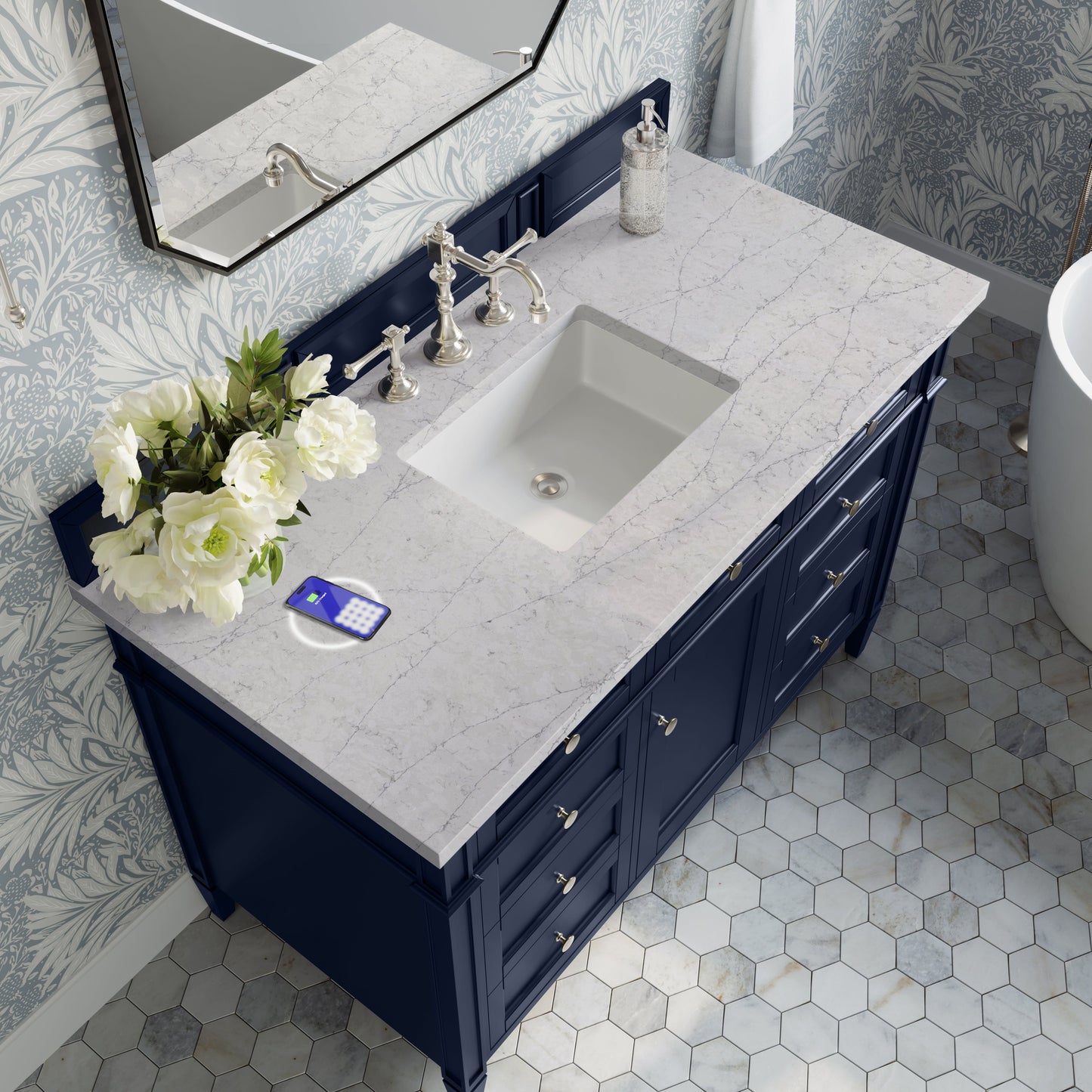 
                  
                    Brittany 48" Single Vanity in Victory Blue Single Bathroom Vanity James Martin Vanities FreePower-Enabled Eternal Jasmine Pearl Silestone 
                  
                